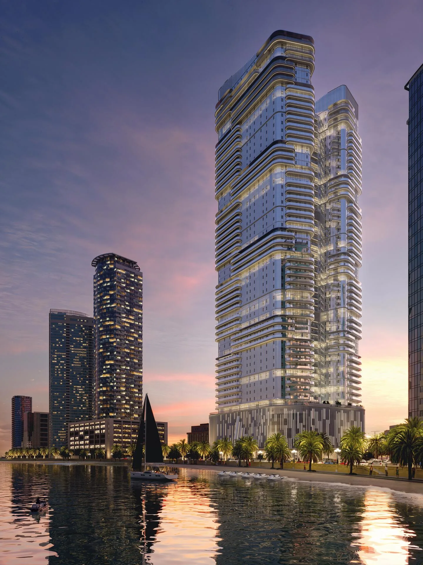 Joud Tower вечером, огни башни отражаются в воде