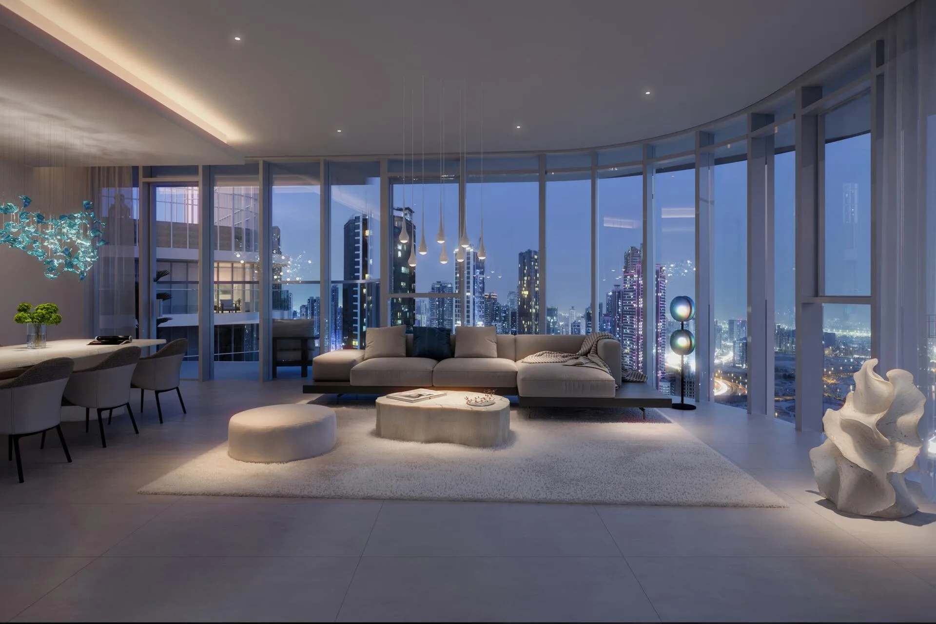 Гостиная в квартире Joud Tower с панорамными окнами на вечерний город