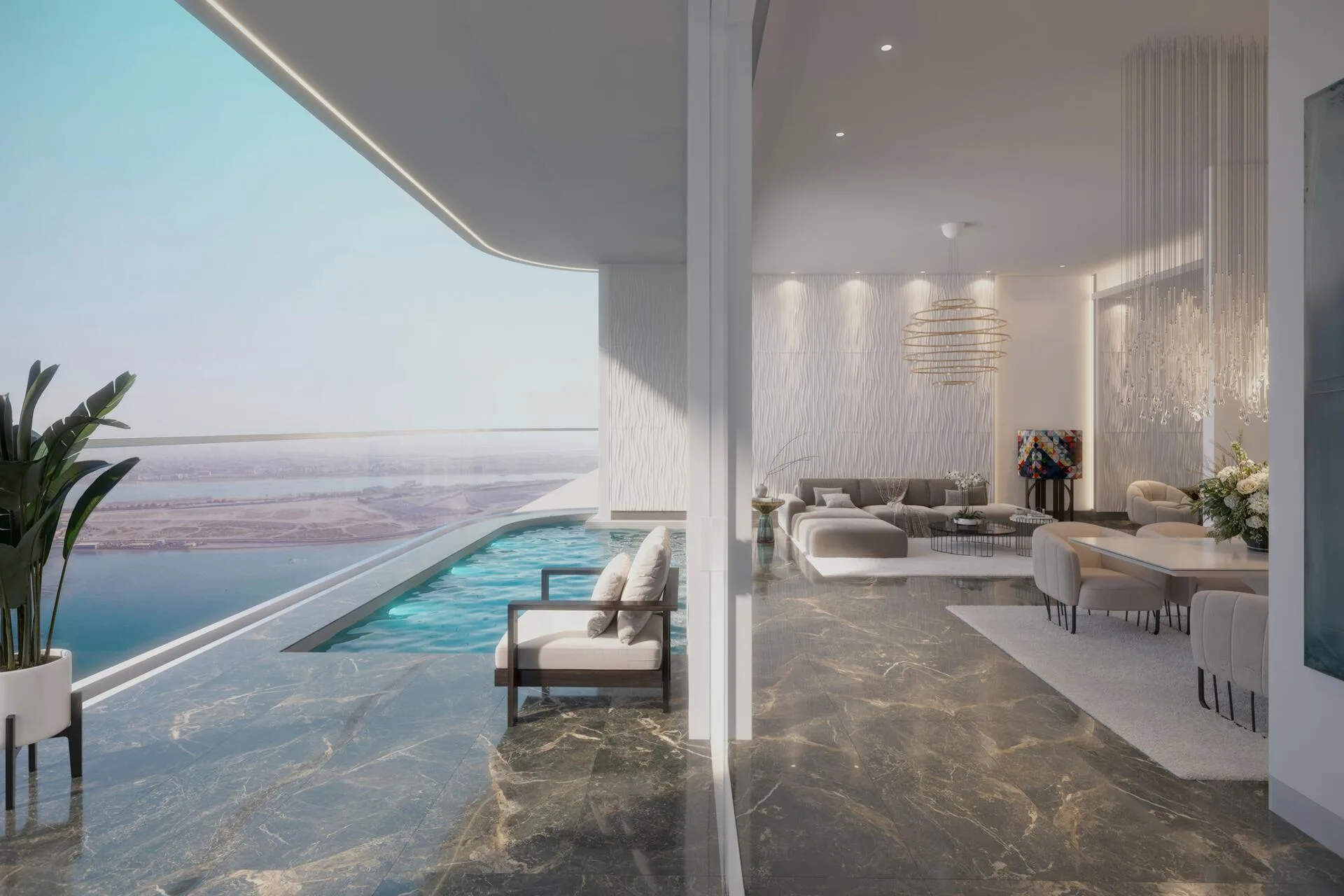 Пентхаус Joud Tower: гостиная и собственный бассейн у панорамного окна