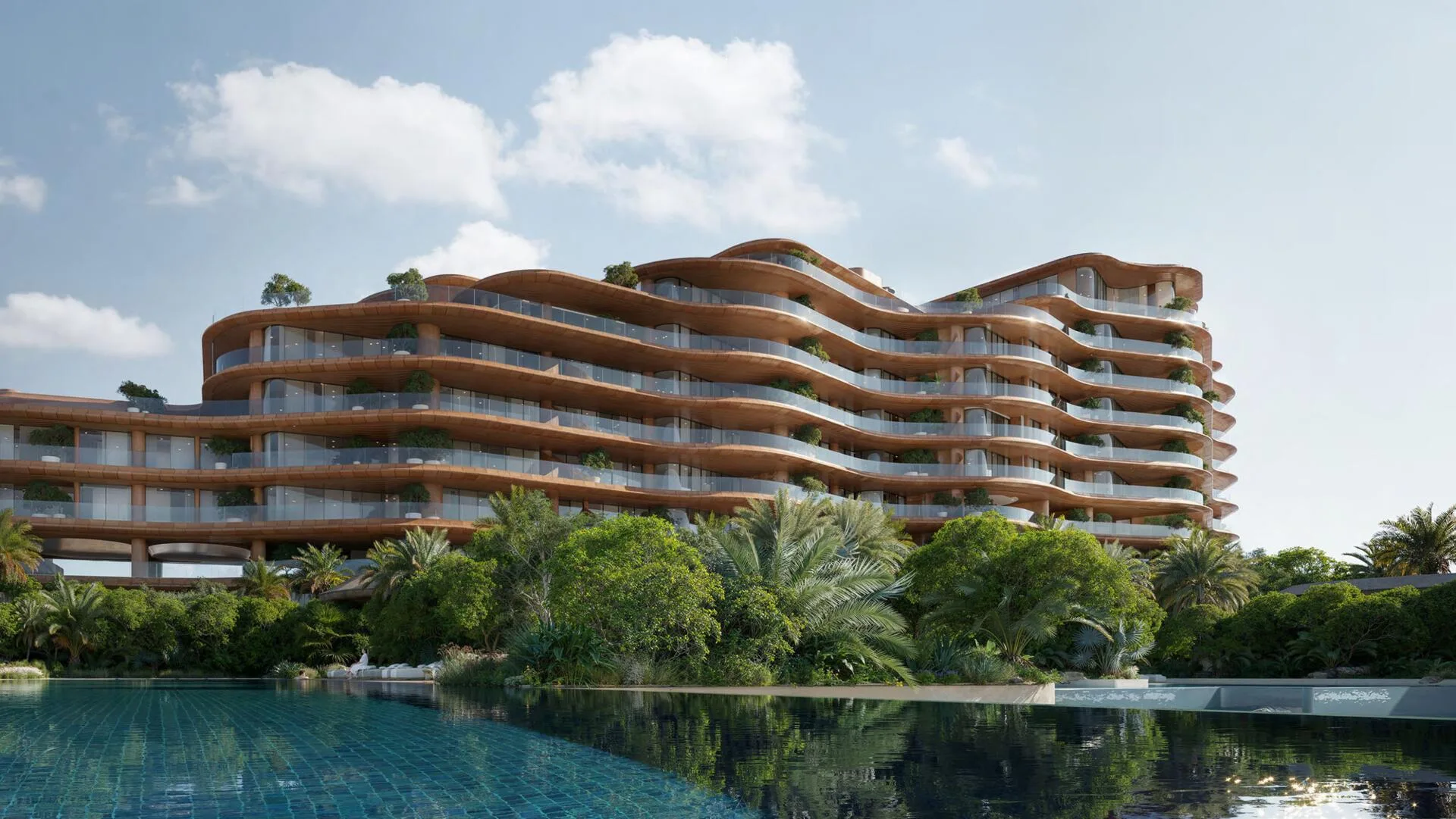 Фасад Jumeirah Asora Bay с волнами балконов над бассейном