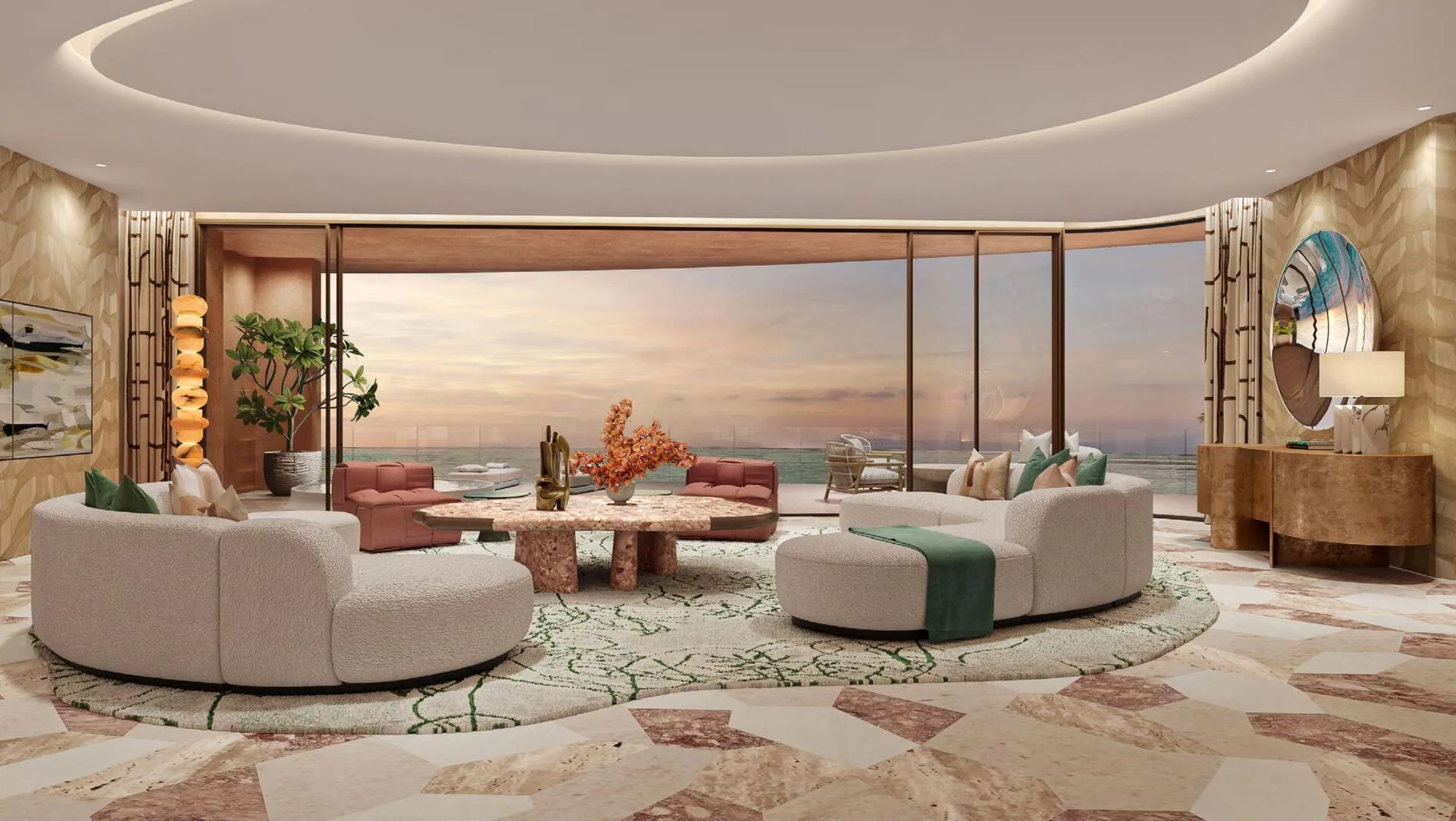 Гостиная в резиденции Jumeirah Asora Bay с видом на закат