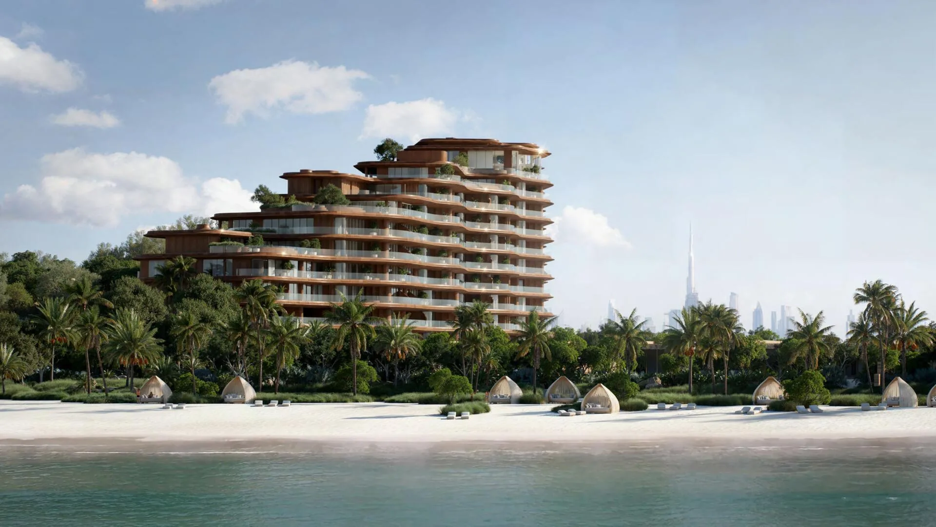 Jumeirah Asora Bay над пляжем, на горизонте небоскрёбы Дубая