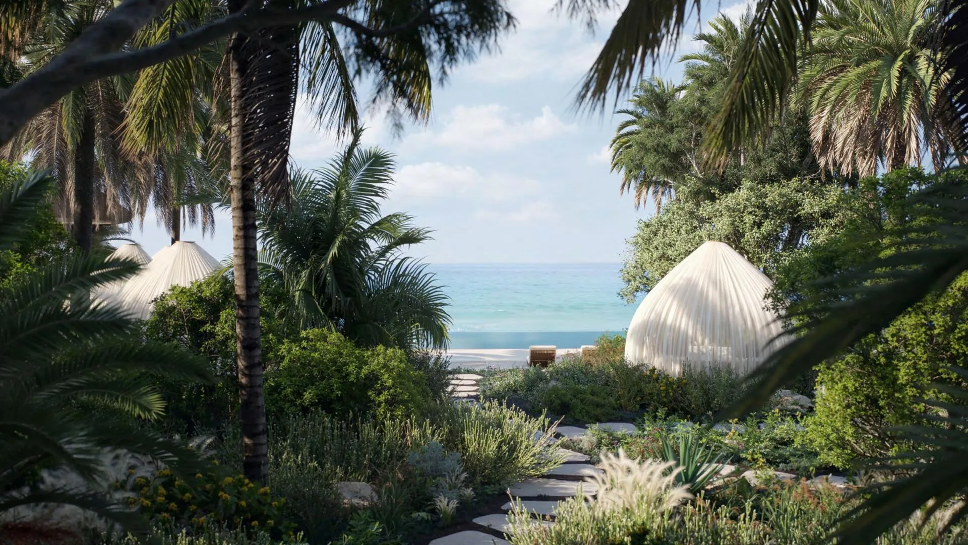 Сад у моря в Jumeirah Asora Bay: тропа, пальмы и навесы
