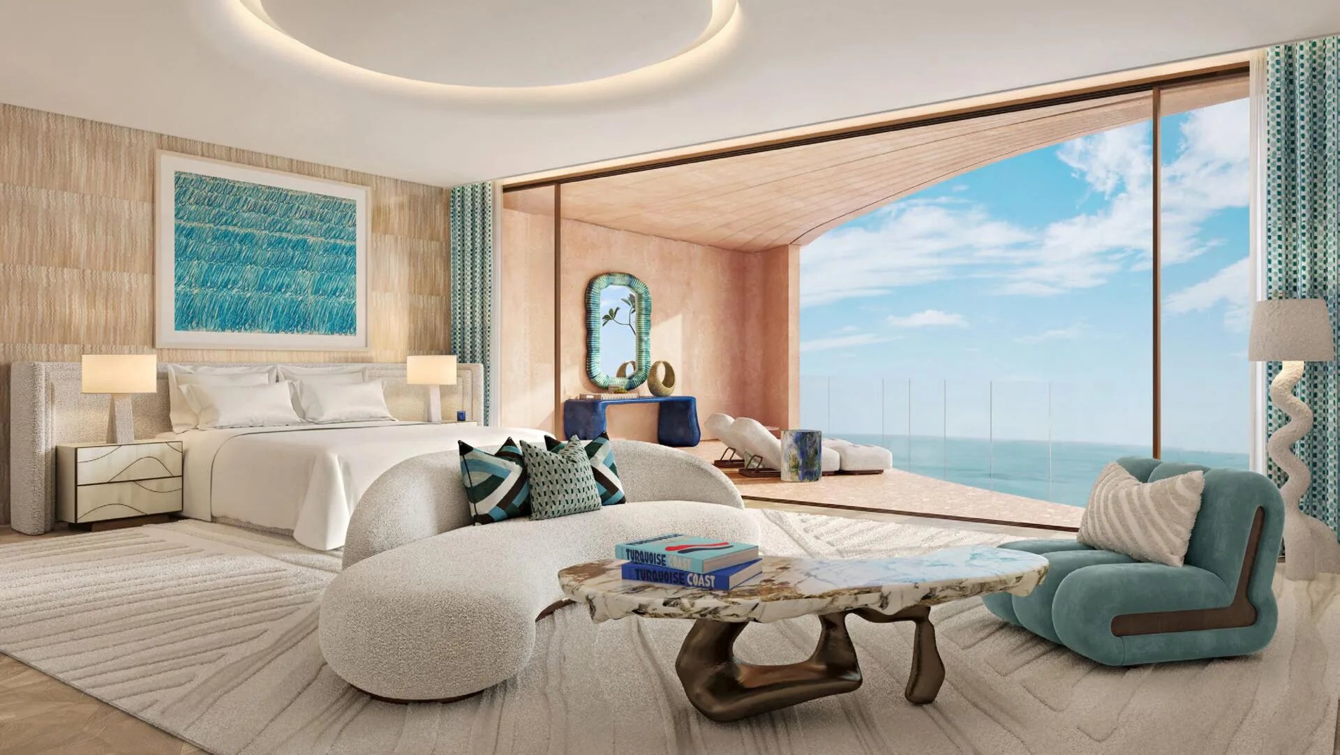 Спальня в резиденции Jumeirah Asora Bay с выходом на террасу у моря