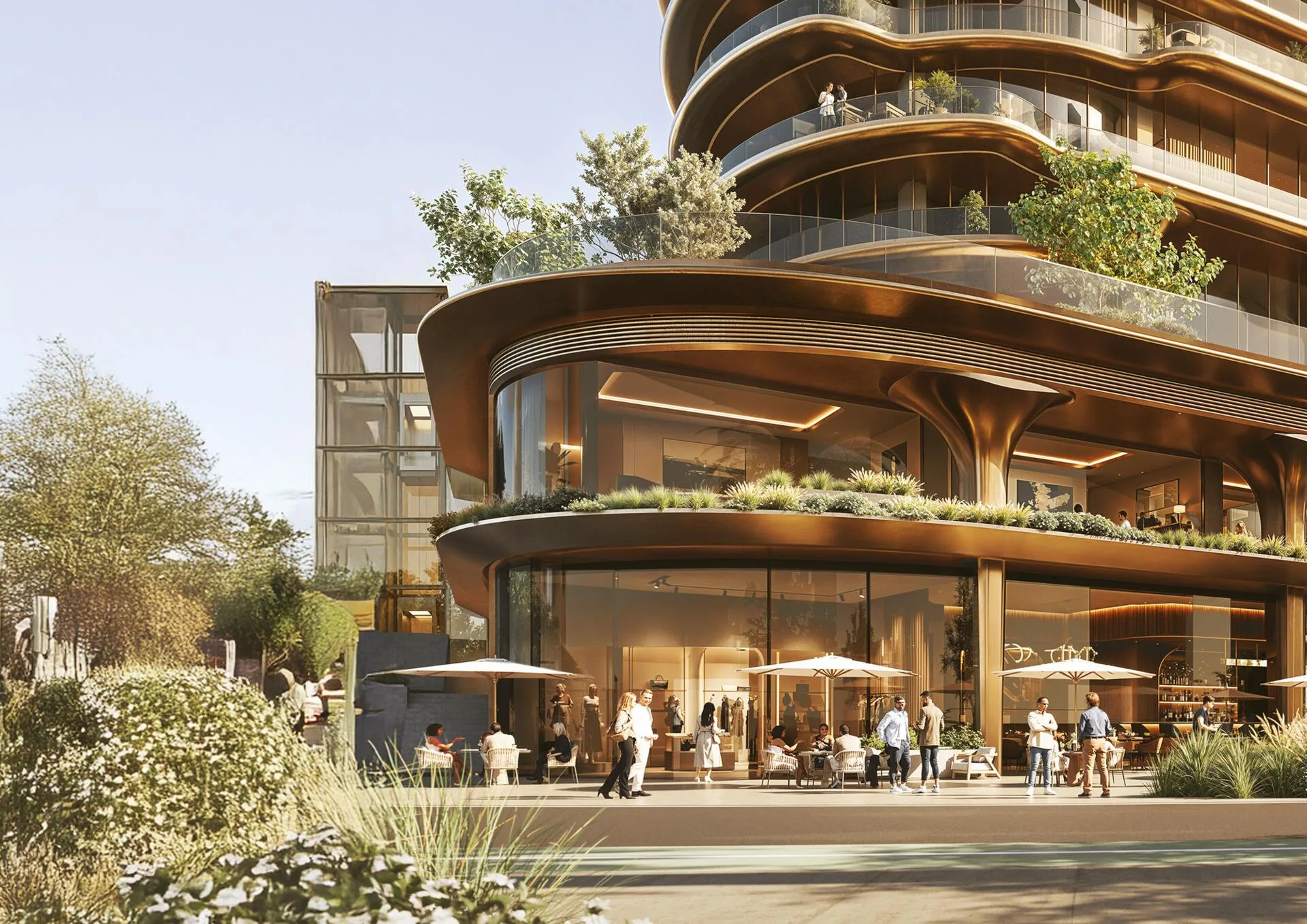 Кафе и витрины на первом этаже башни Jumeirah Residences