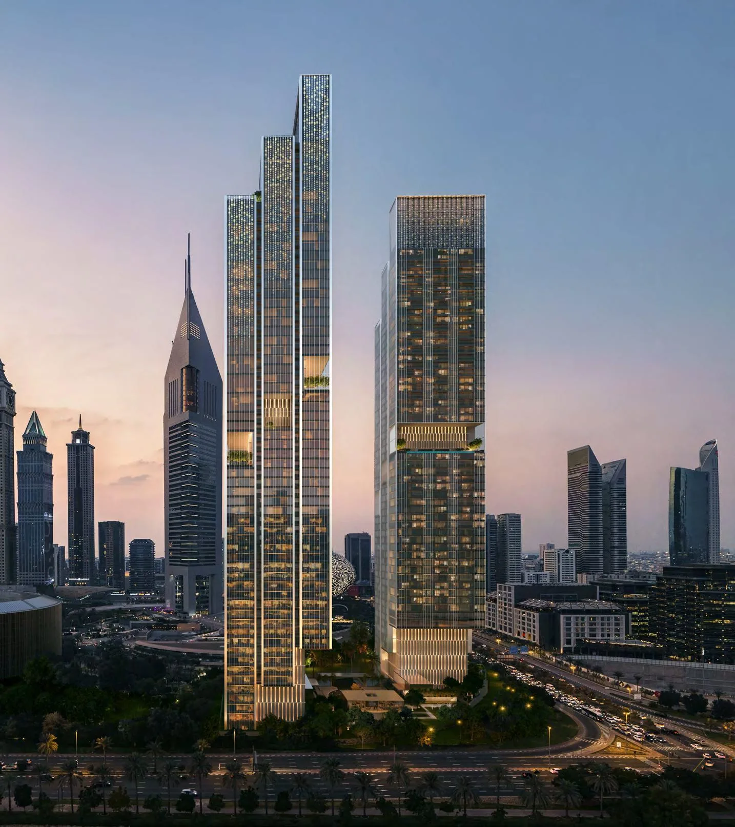 Две башни Jumeirah Residences Emirates Towers на закате