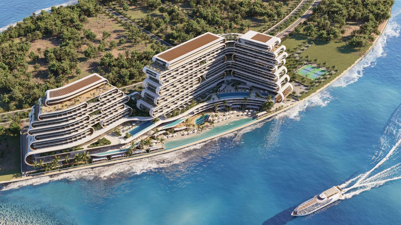 JW Marriott Residences с высоты: дома, бассейны и берег