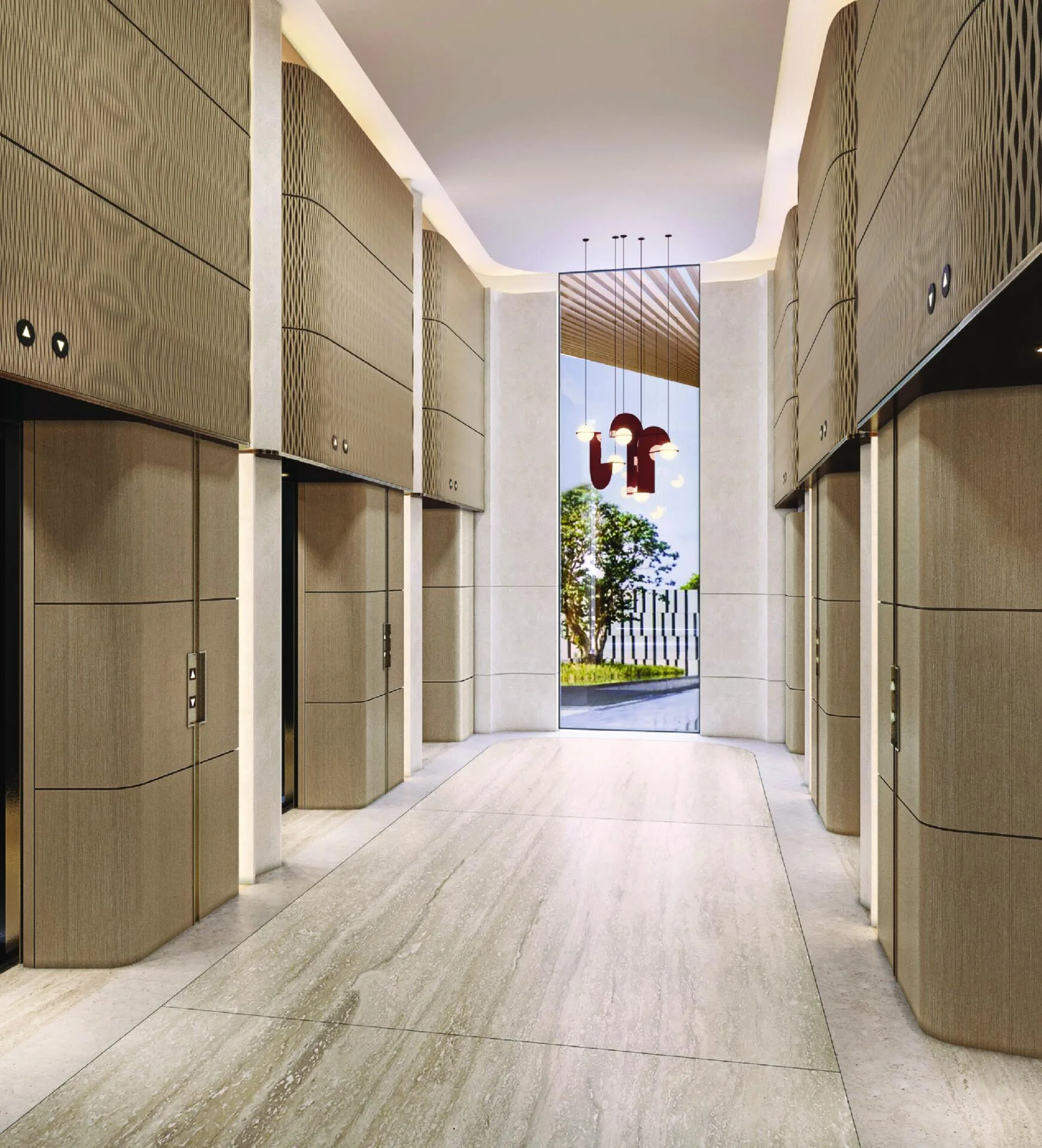 Лифтовый холл JW Marriott Residences: светлый камень и дерево