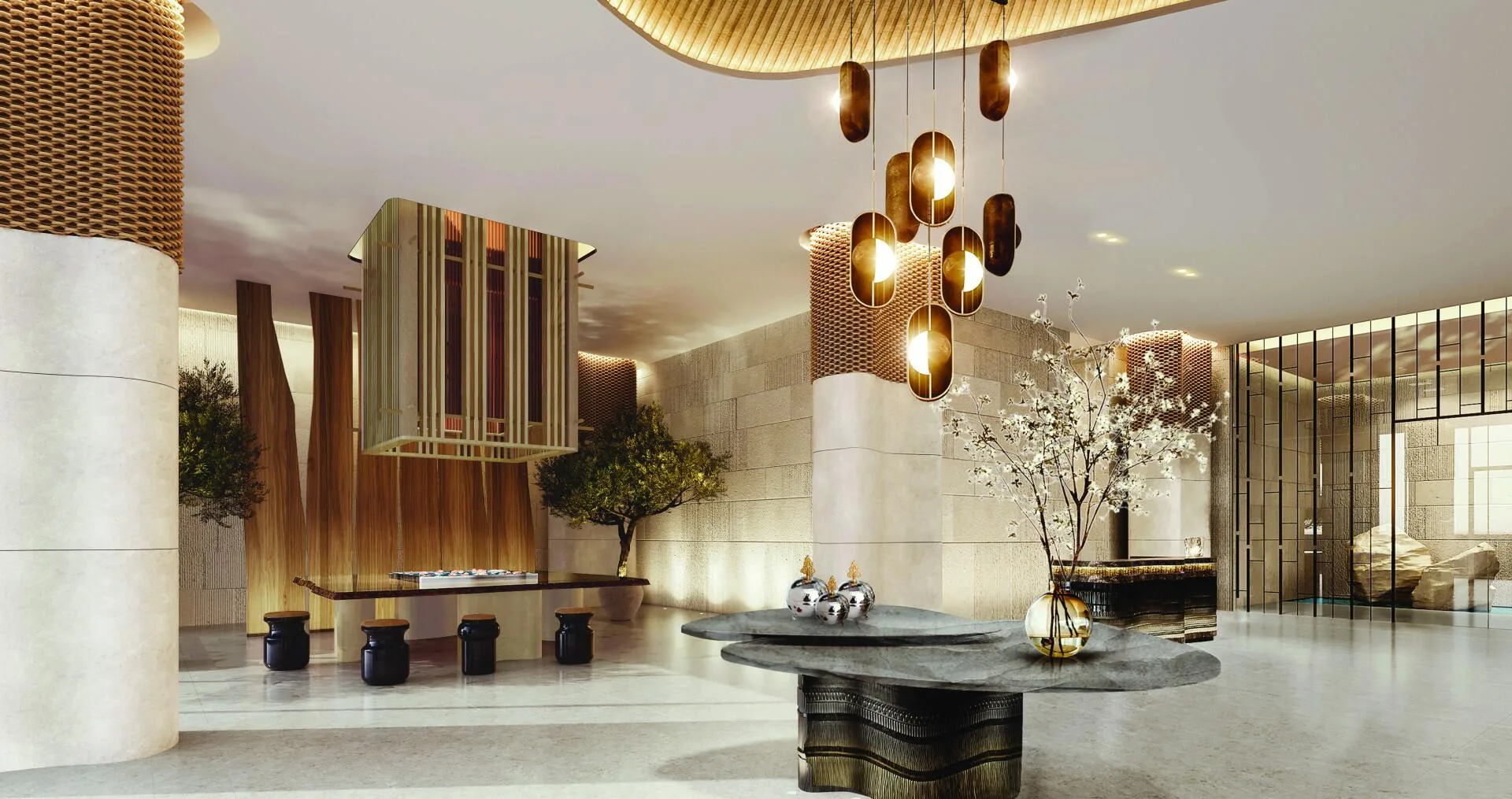 Лобби JW Marriott Residences: камень, дерево и светильники