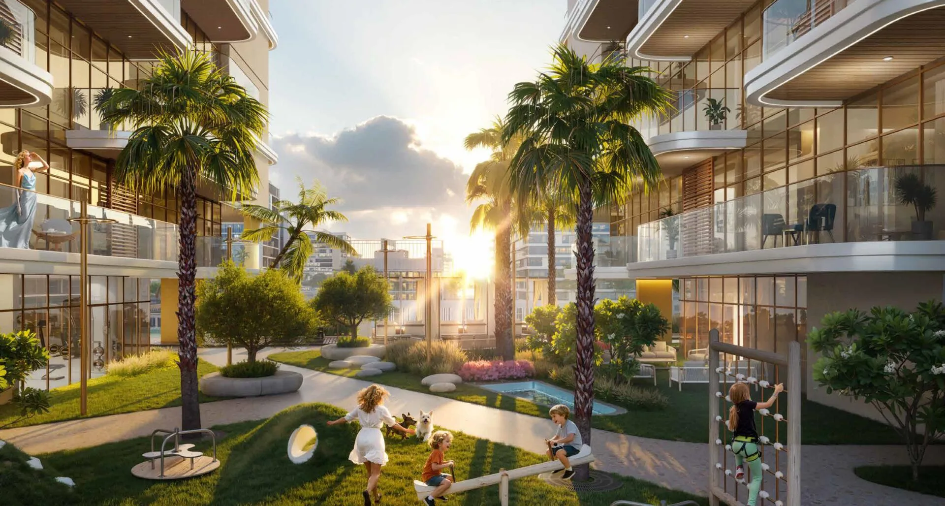 Сад Māla Garden у дома Kaia Residences на закате