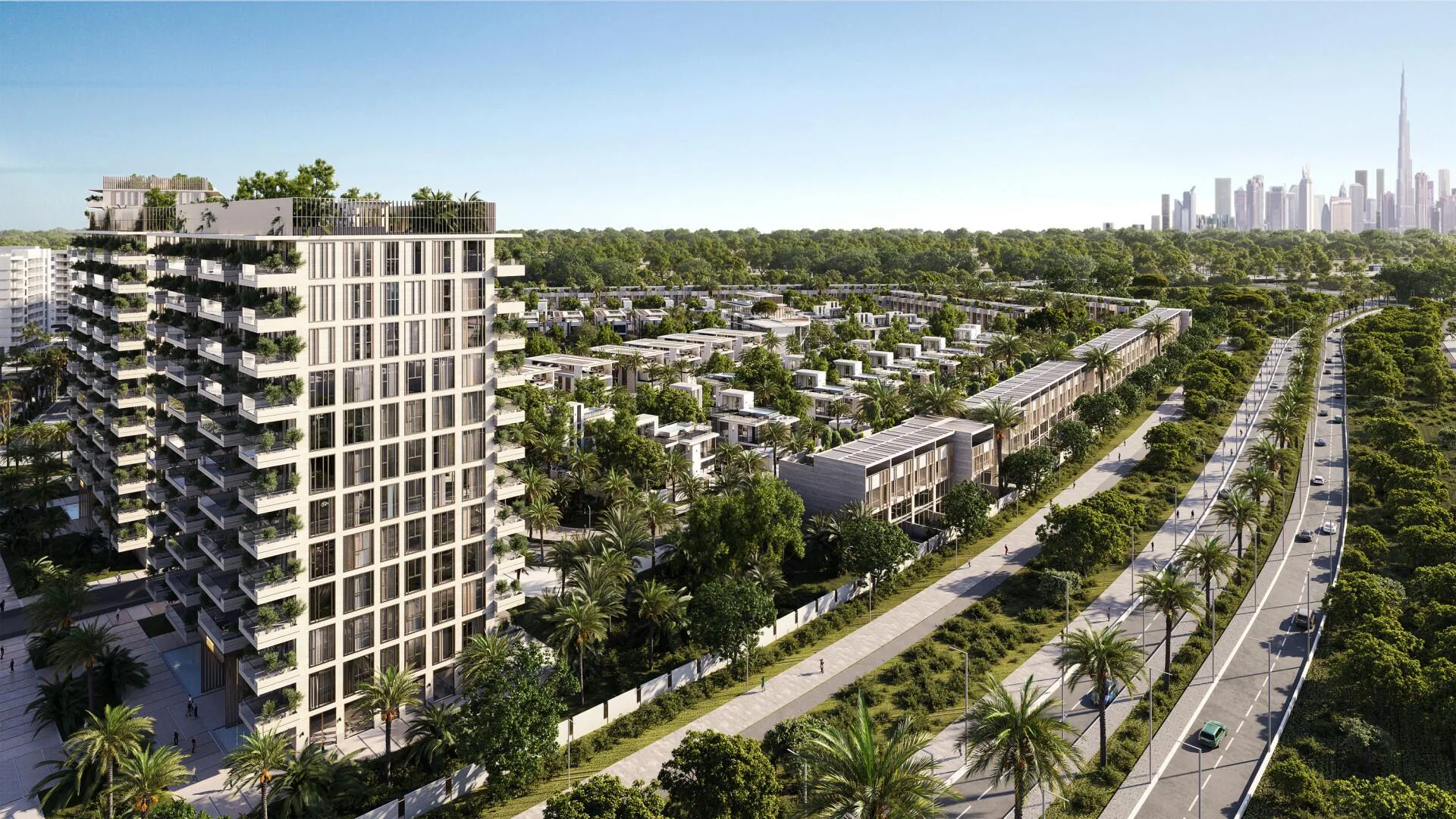Корпус Keturah Reserve у дороги, на горизонте небоскрёбы Даунтауна
