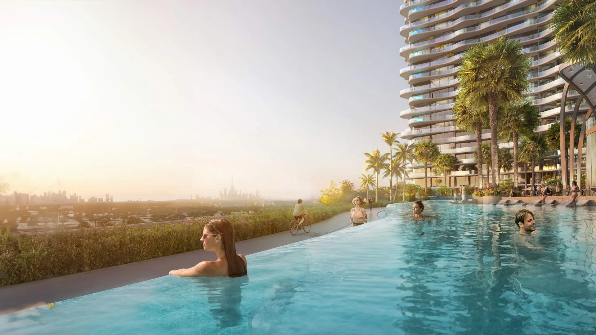 Бассейн с водной гладью у башни Laguna Residence