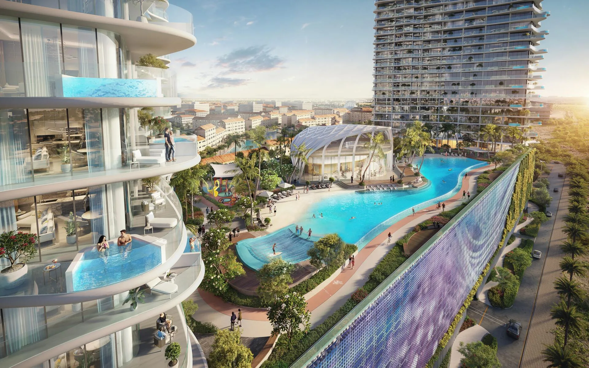 Подиум Laguna Residence сверху: лагуна, пальмы и балконы башен