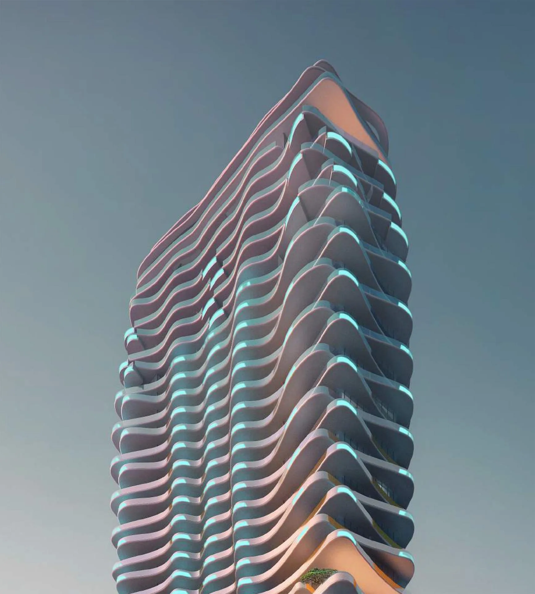 Верх башни Laguna Residence с волнистыми балконами