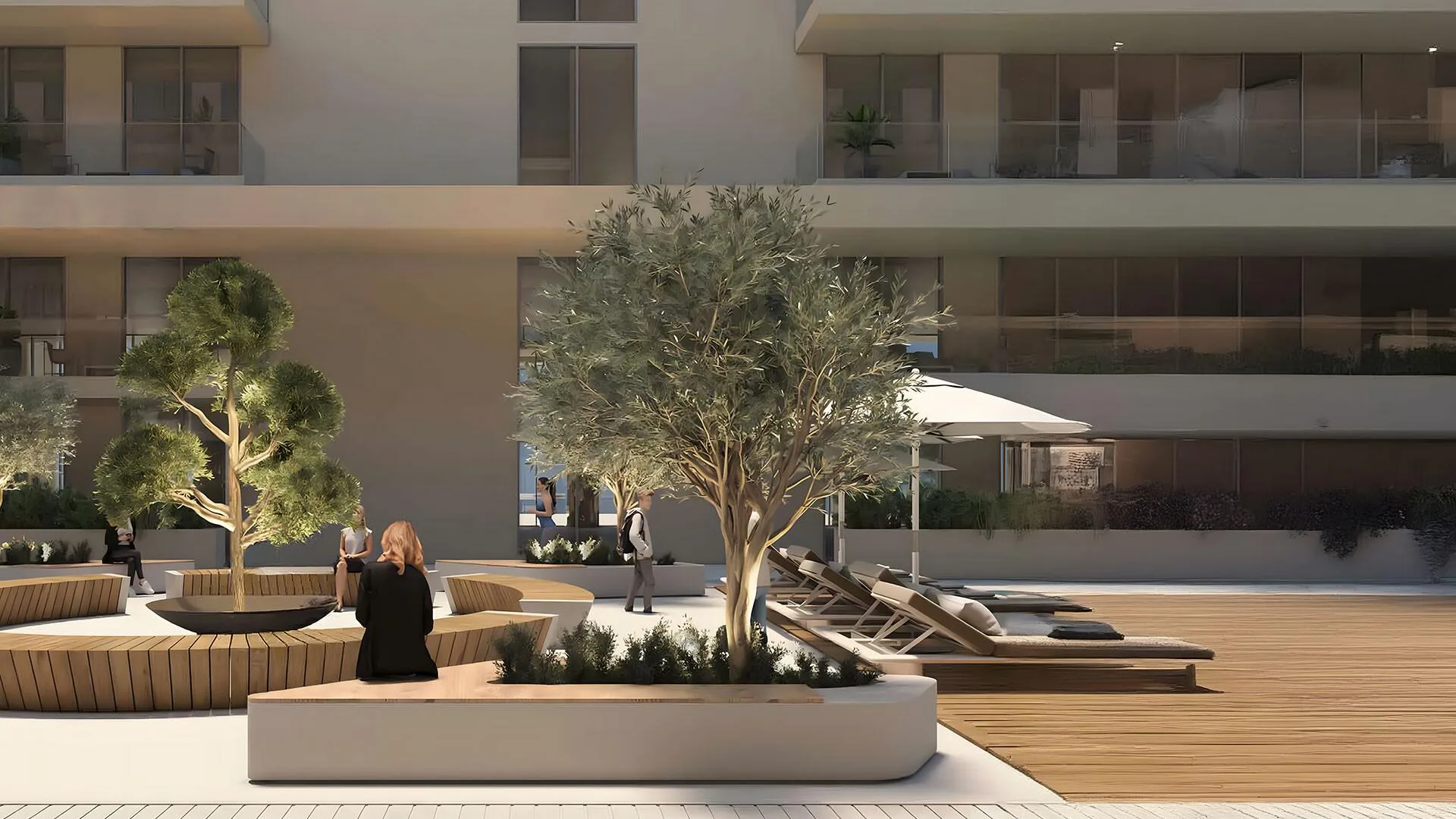 Двор Laya Courtyard: деревья, скамьи и деревянный настил