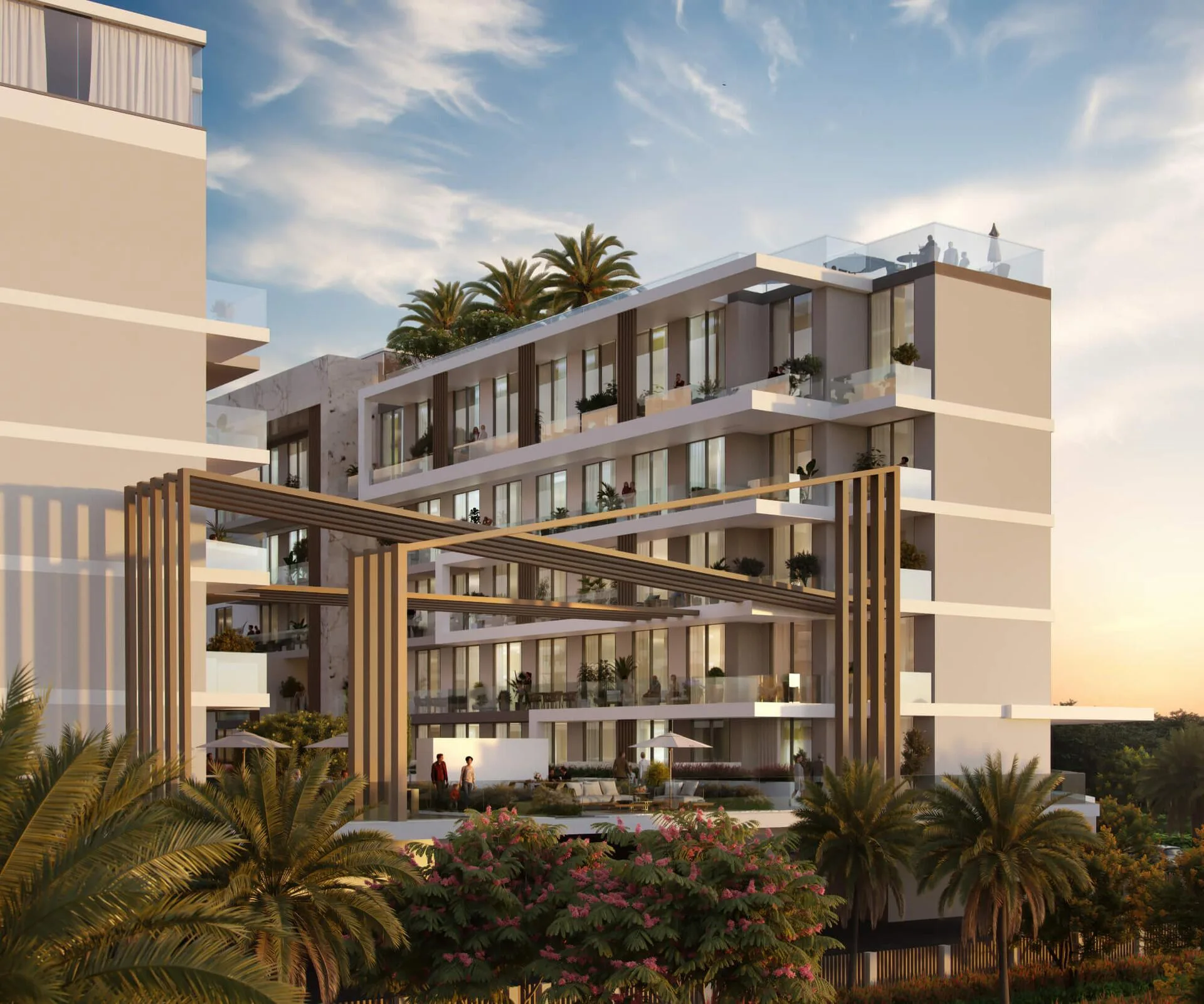 Дом Laya Courtyard на закате: перголы и зелень на террасах