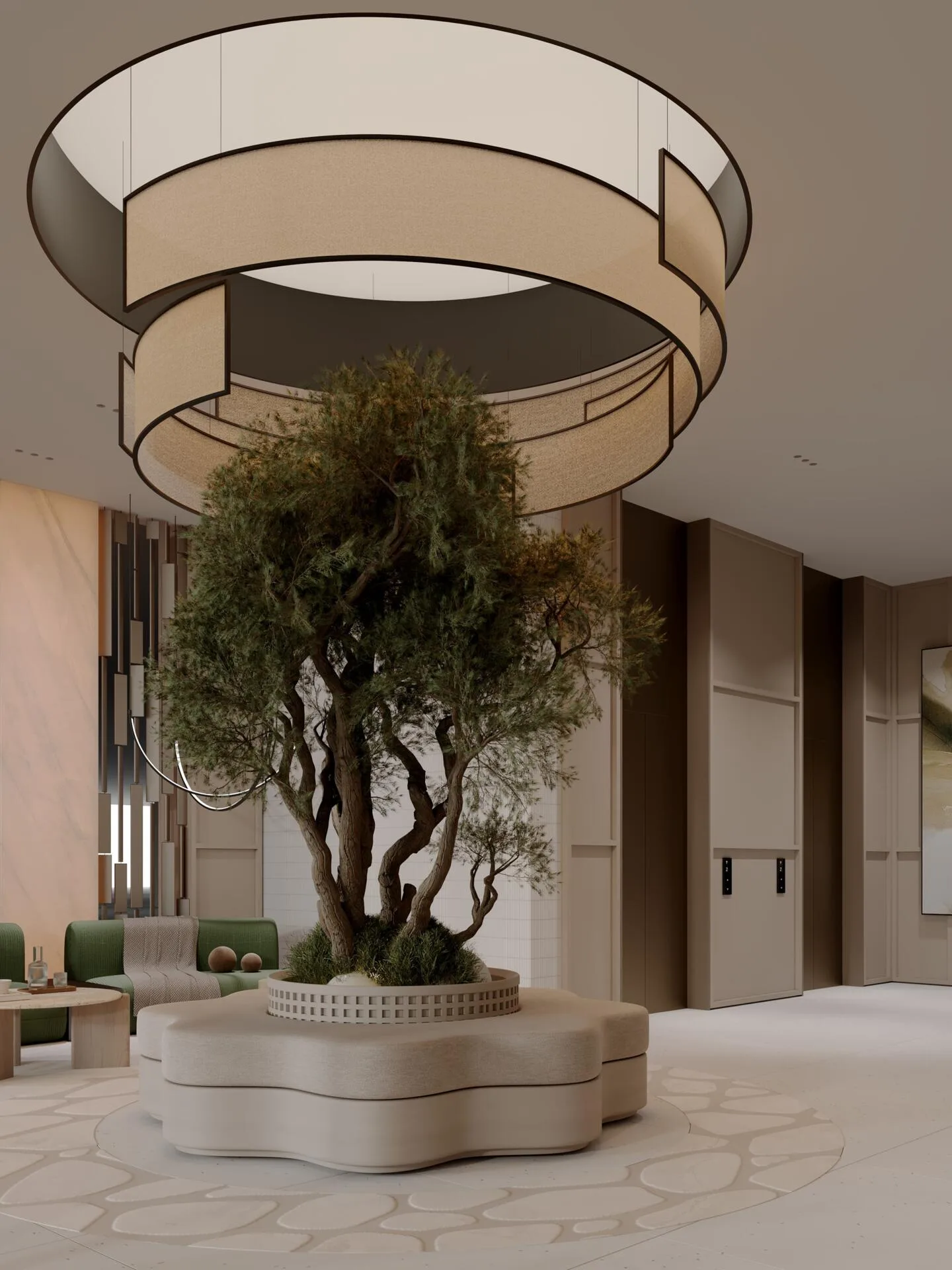 Лобби Laya Courtyard: дерево под круглым светильником