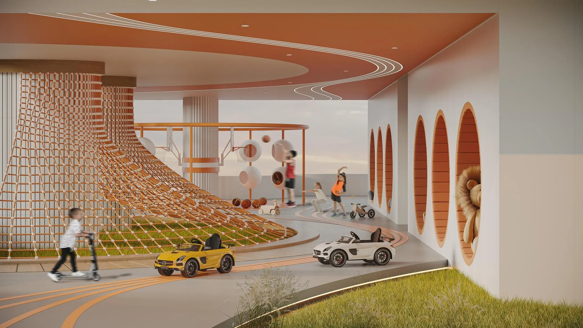 Children’s playground with a climbing net, basketball hoop and ride-on track