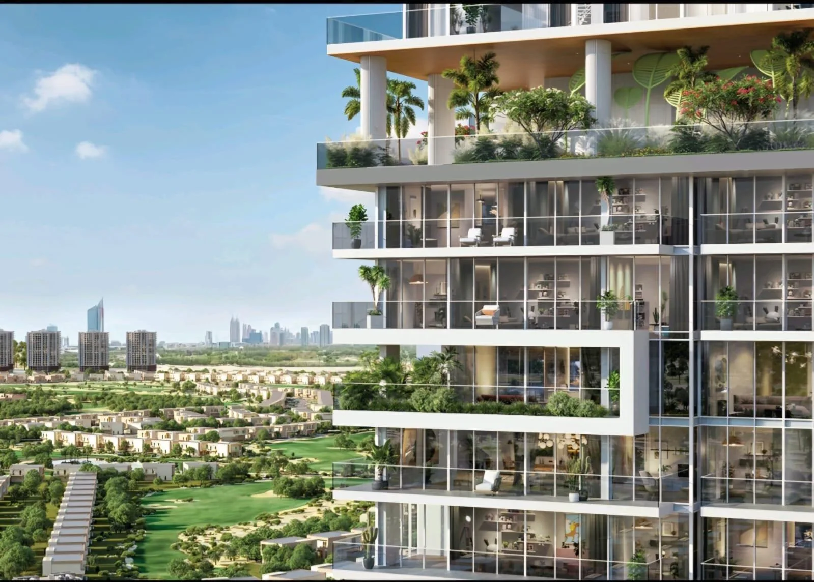 Legado façade against a backdrop of green spaces, low-rise homes and the city skyline