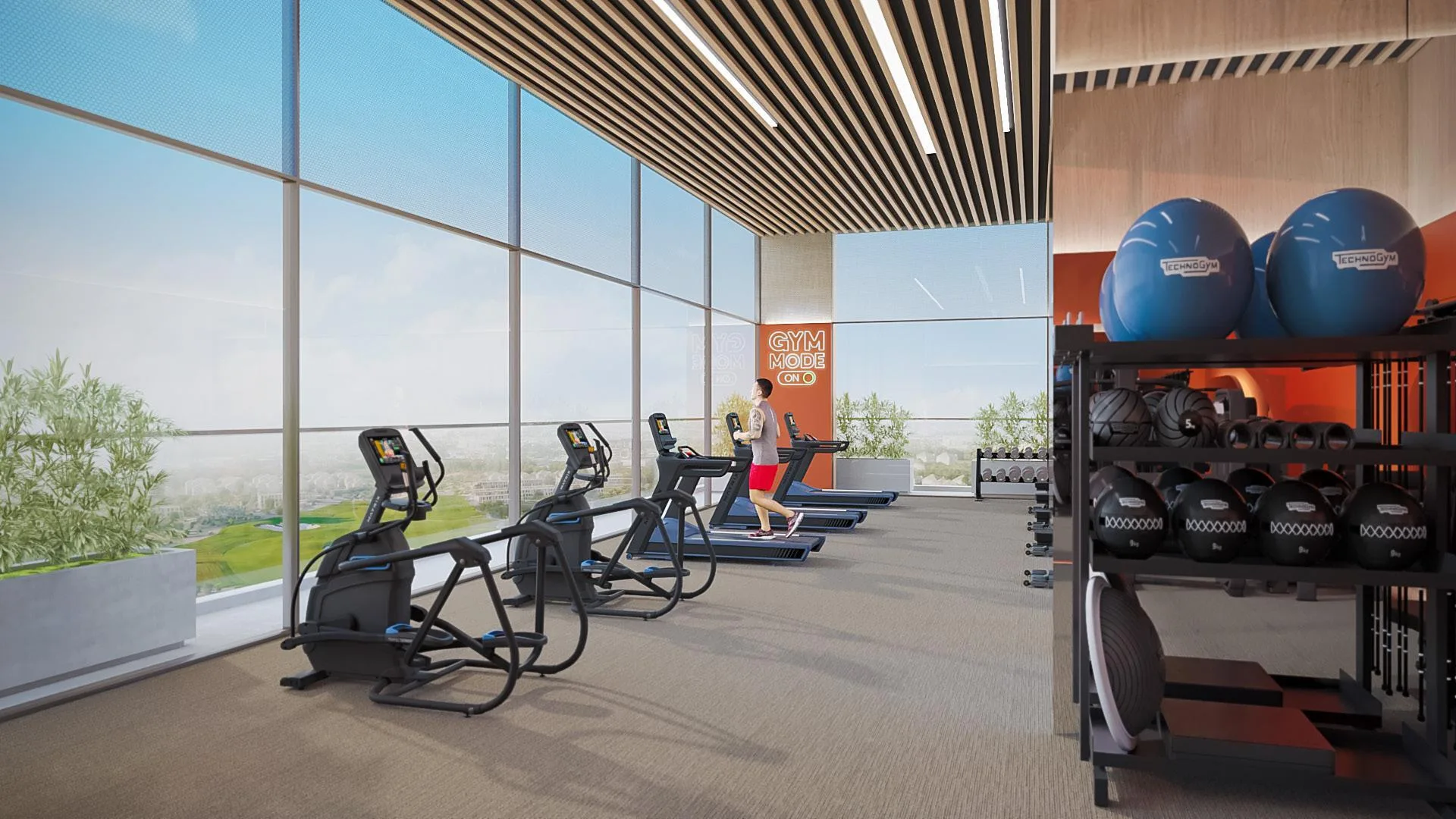 Fitness studio with treadmills, exercise bikes, dumbbells and full-height windows