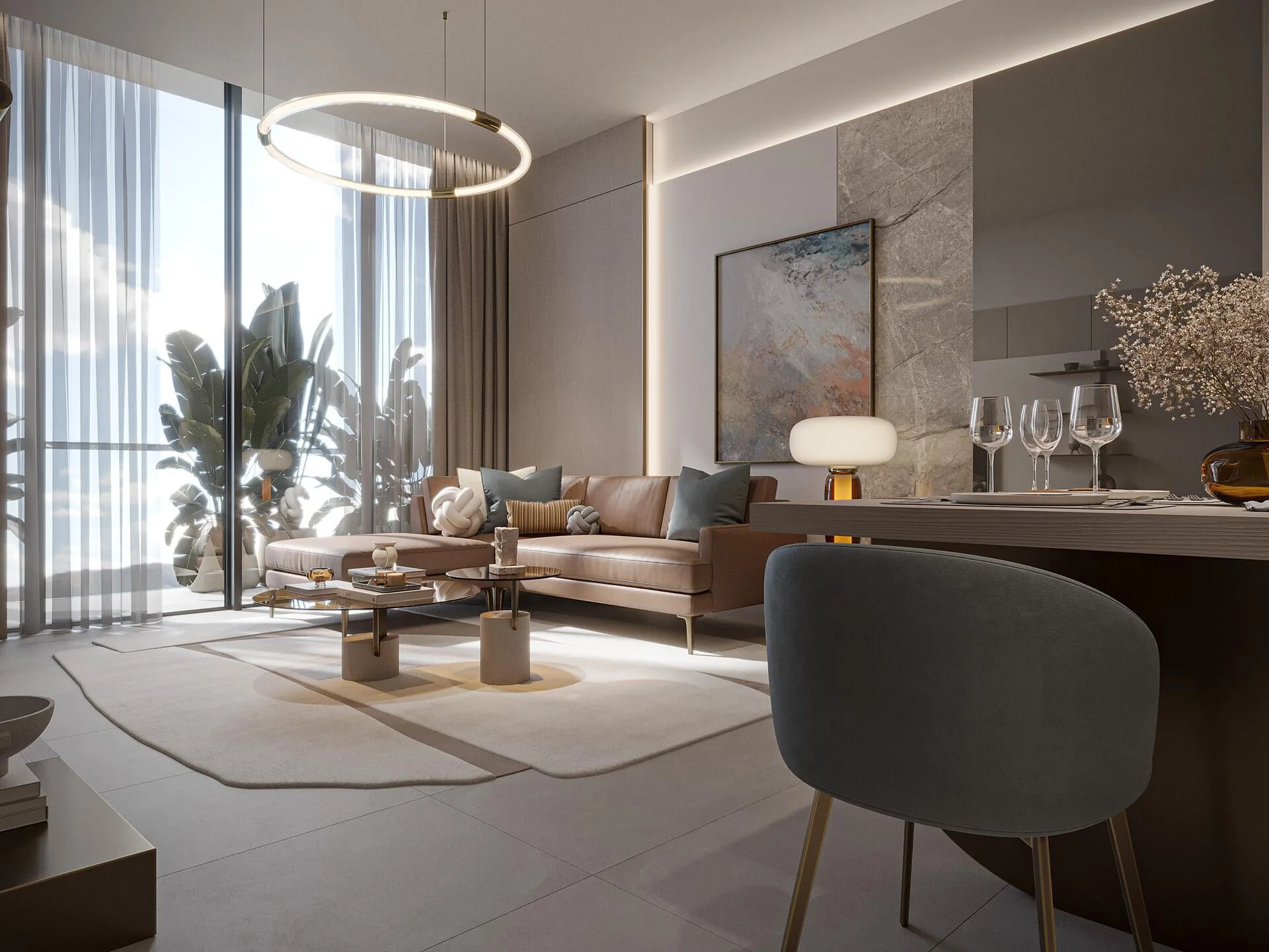 Living room with a corner sofa, dining area, circular light fitting and full-height windows