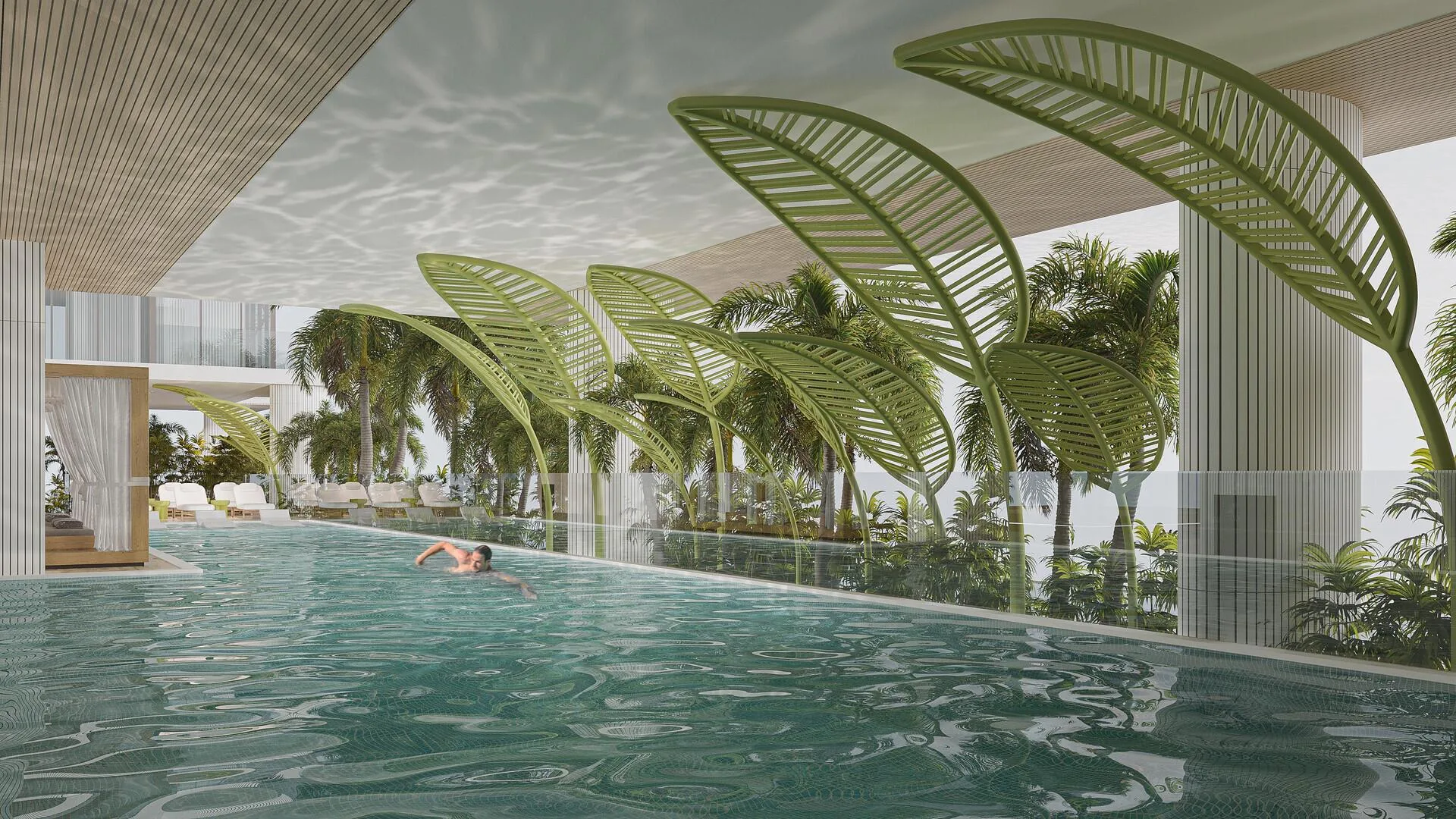 Legado infinity pool with palm trees, a swimmer and leaf-shaped canopies