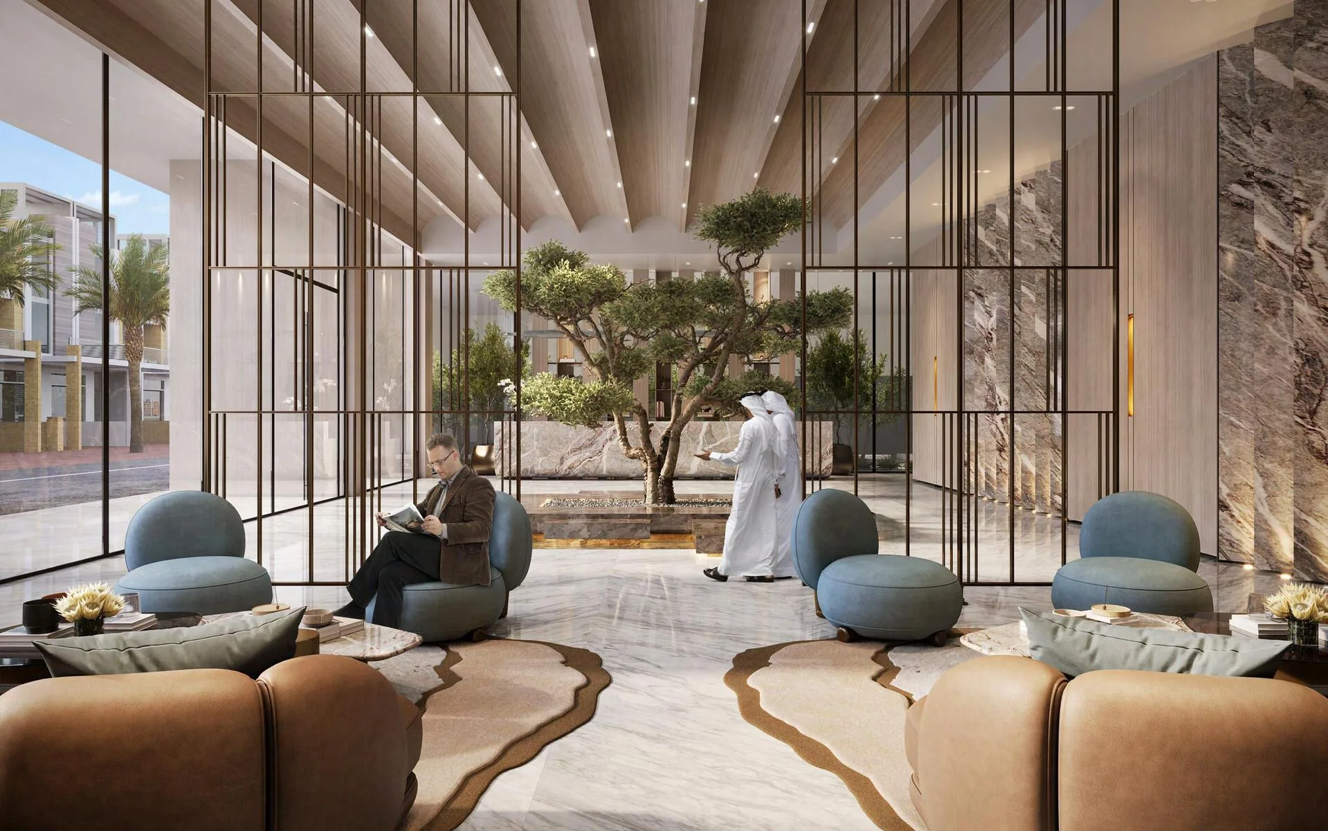 Legado lobby with soft armchairs, marble finishes and wood behind a glass partition