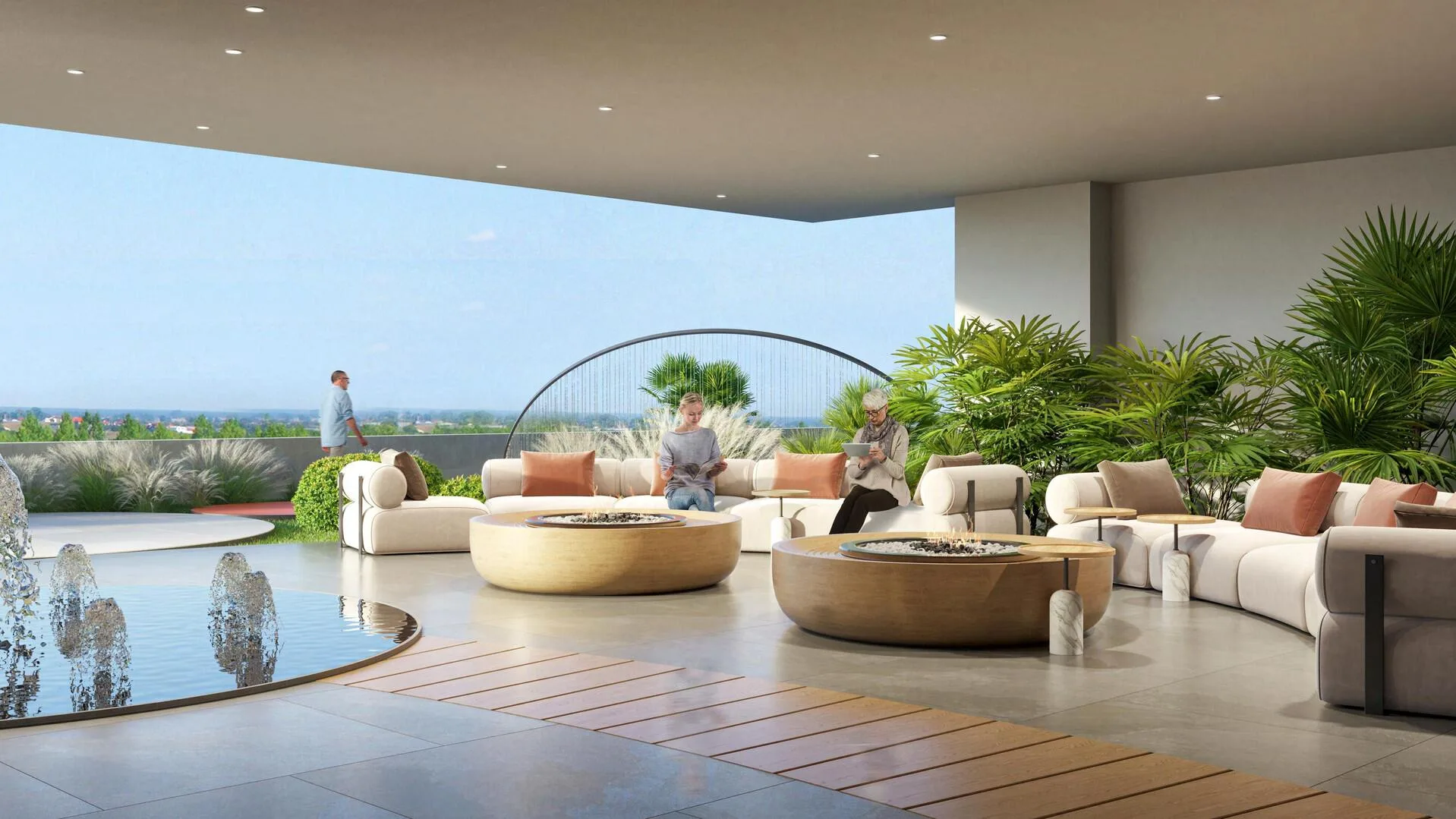 Relaxation area with sofas, circular fire pits, fountains and greenery beneath a canopy