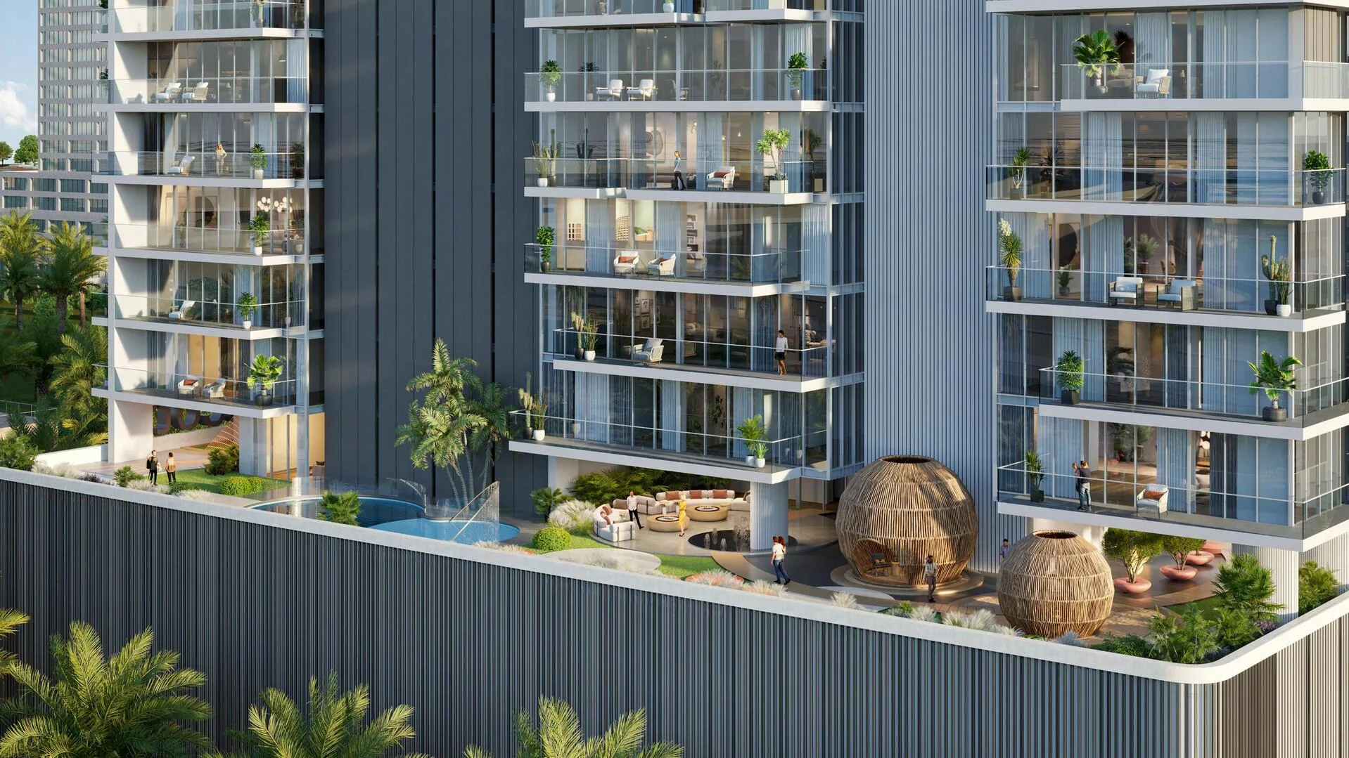 Pool, lush planting, soft sofas and woven gazebos on the Legado podium terrace