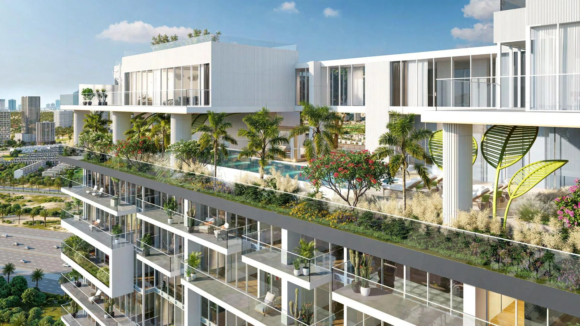 Legado’s upper floors with panoramic glazing, a pool and a landscaped terrace