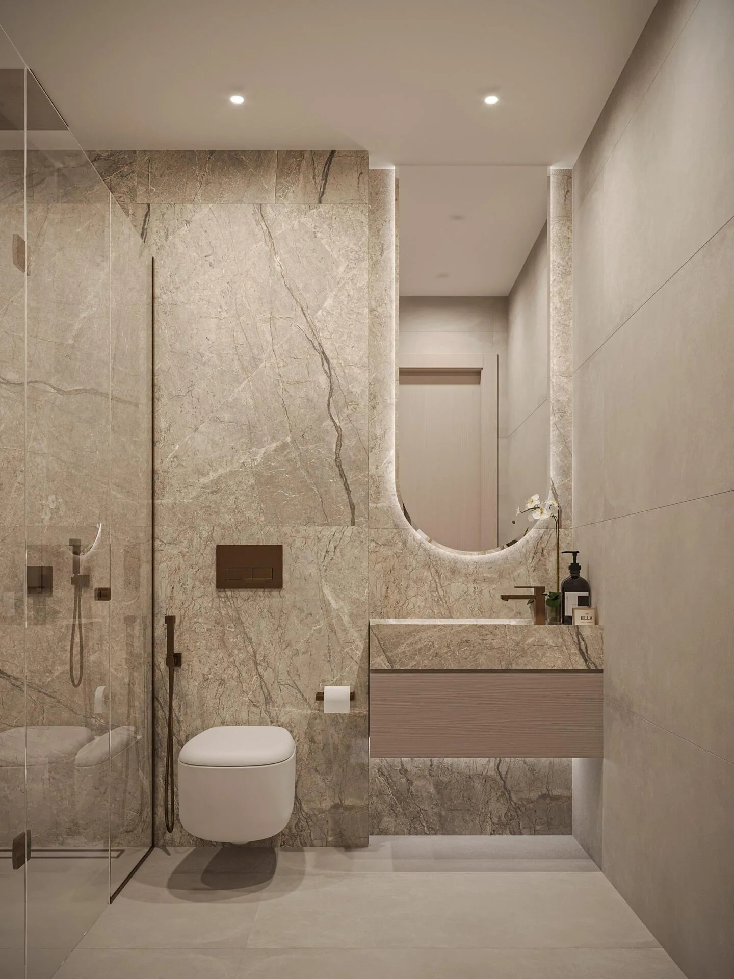 Bathroom with stone finishes, a glass shower, wall-mounted basin and illuminated mirror