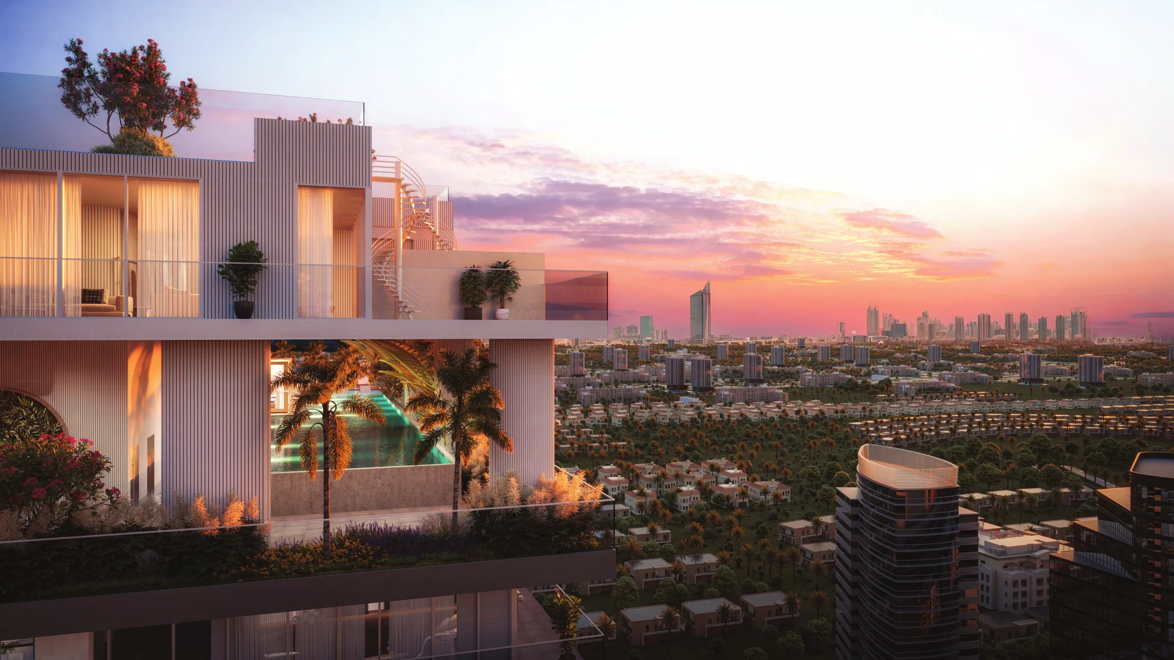 Legado terrace with a pool at sunset and the city beyond