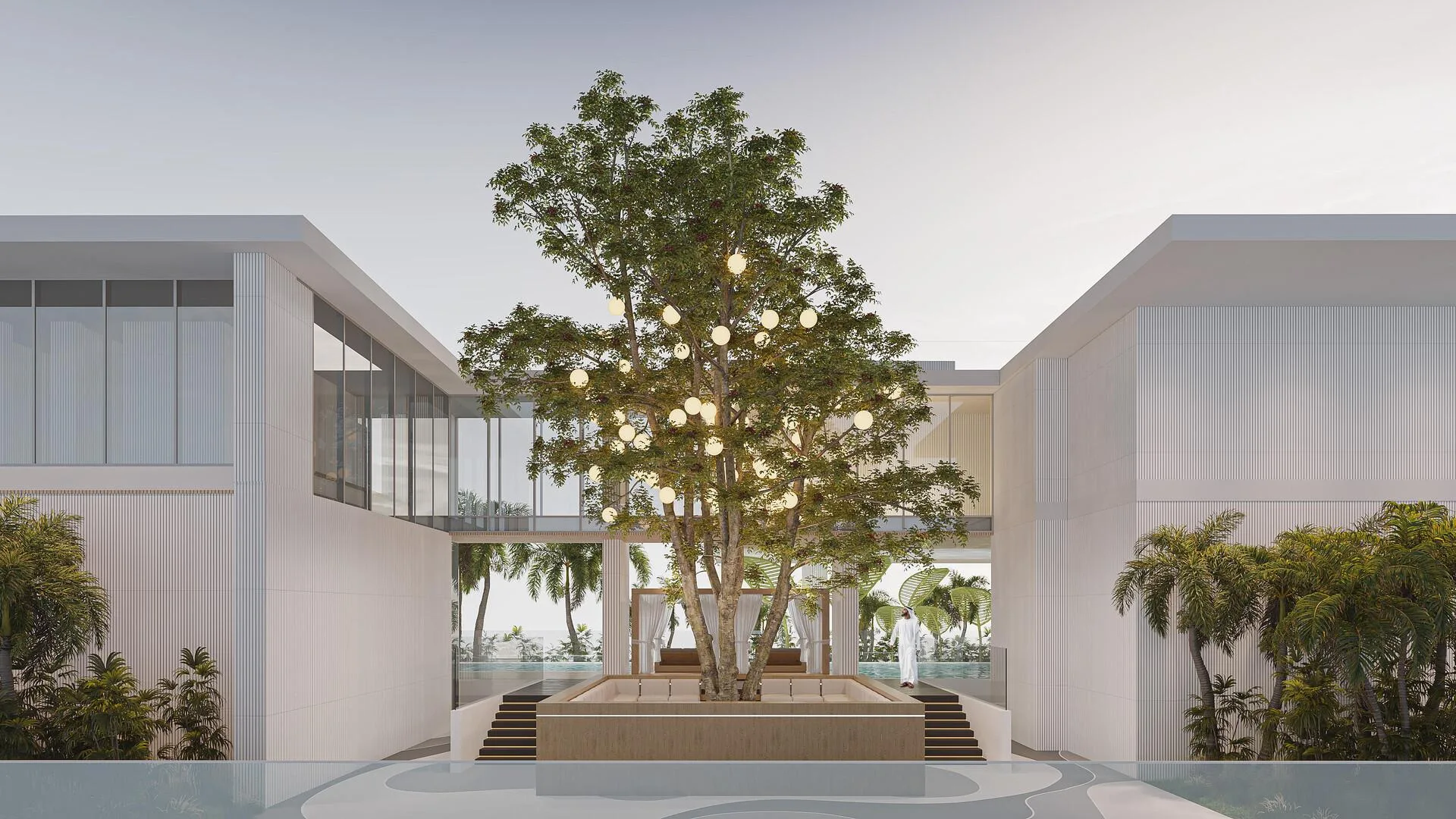 Terrace with a large tree, pendant lights and steps between white pavilions