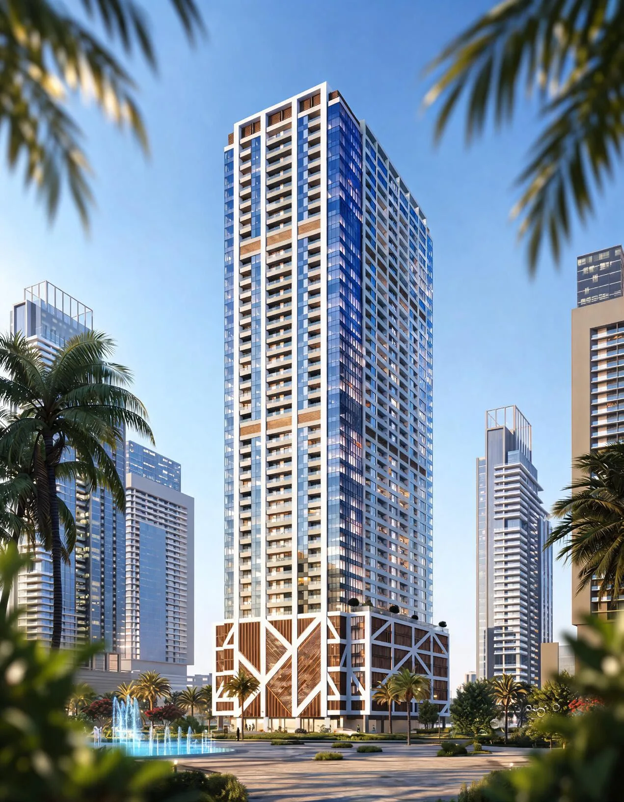 Башня Lily Tower среди пальм и фонтанов квартала