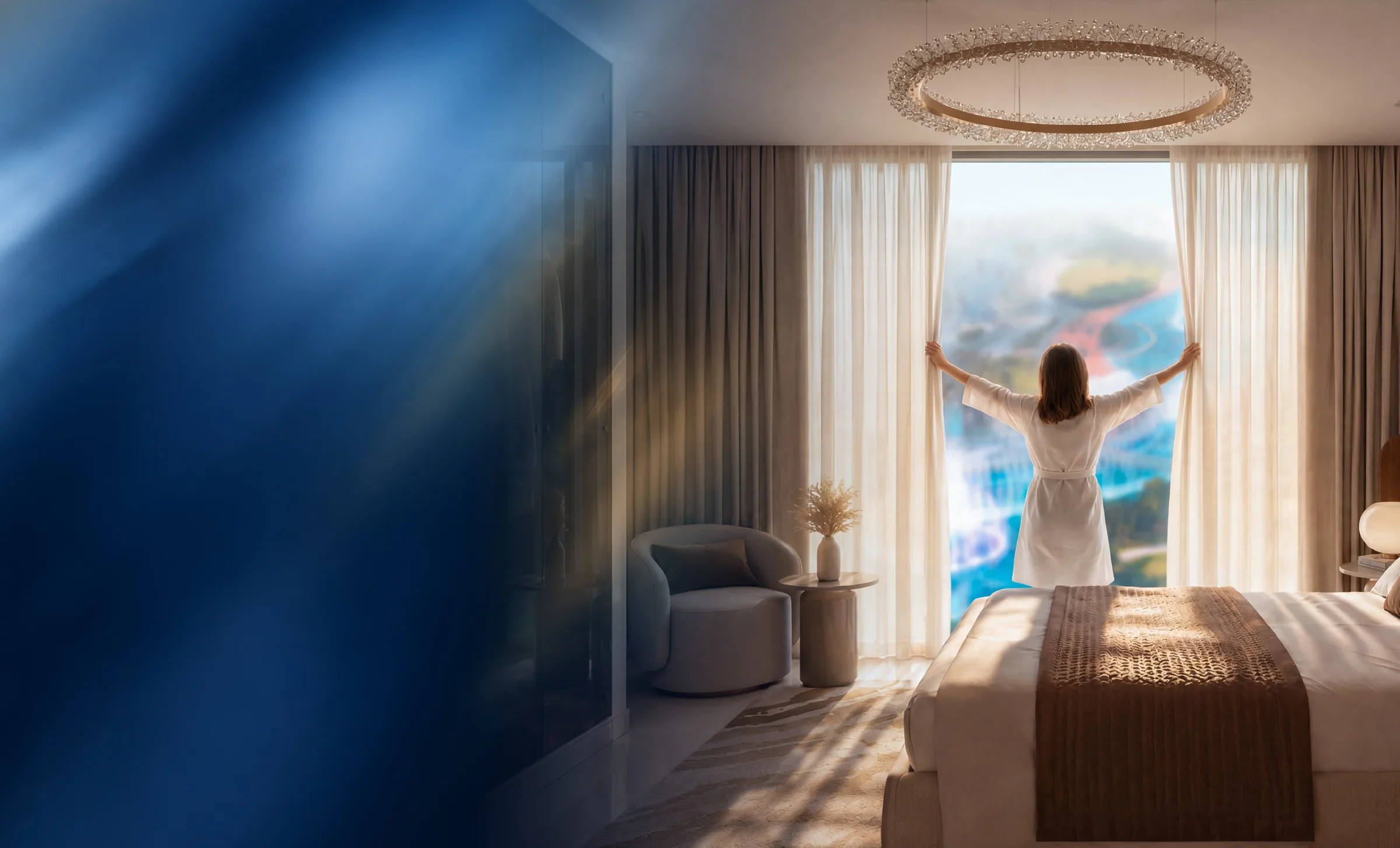Спальня в Lily Tower с большим окном на воду и зелень квартала