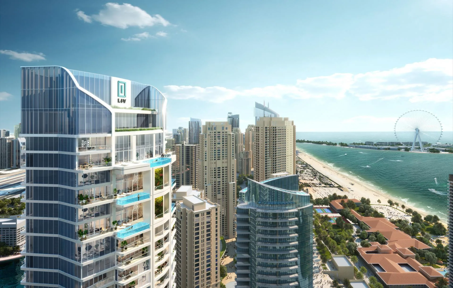 Верх башни LIV LUX над пляжем JBR и Персидским заливом