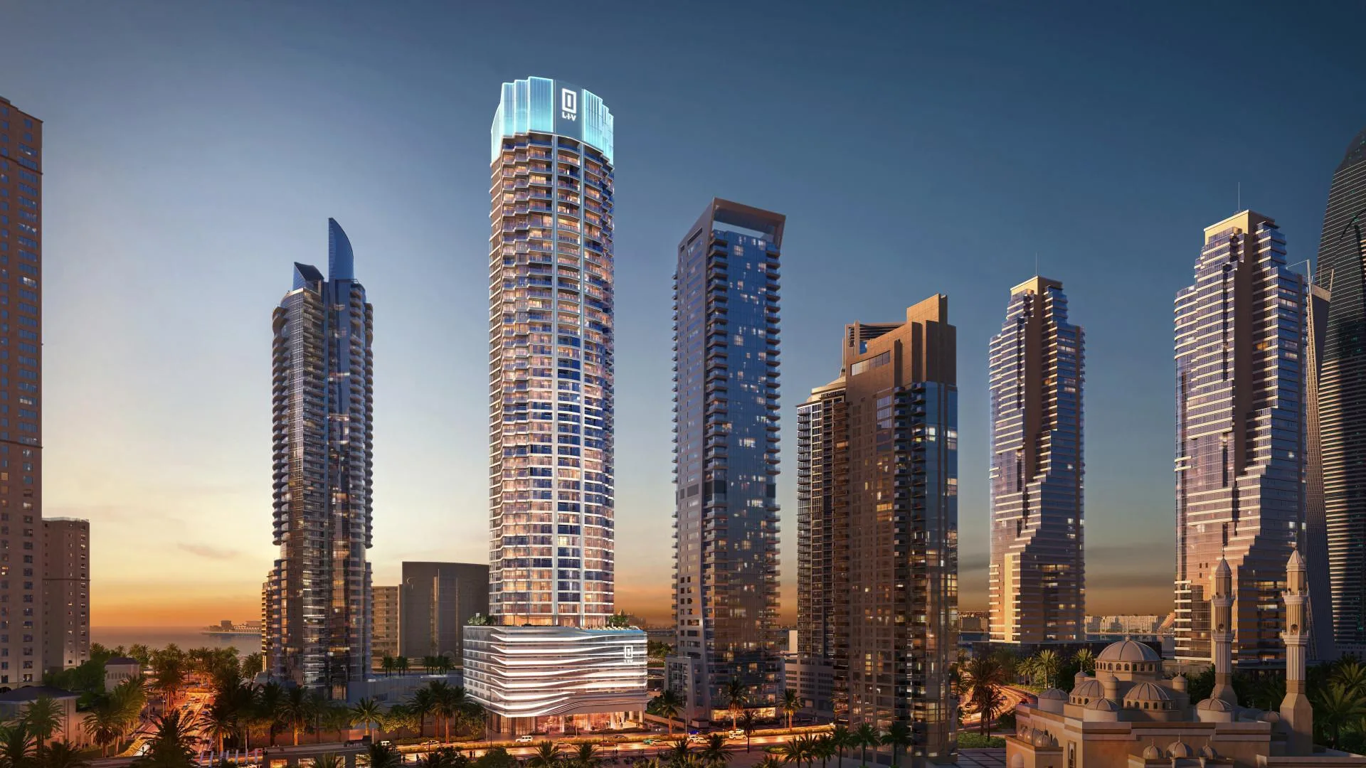Башня LIV LUX среди небоскрёбов Dubai Marina на закате