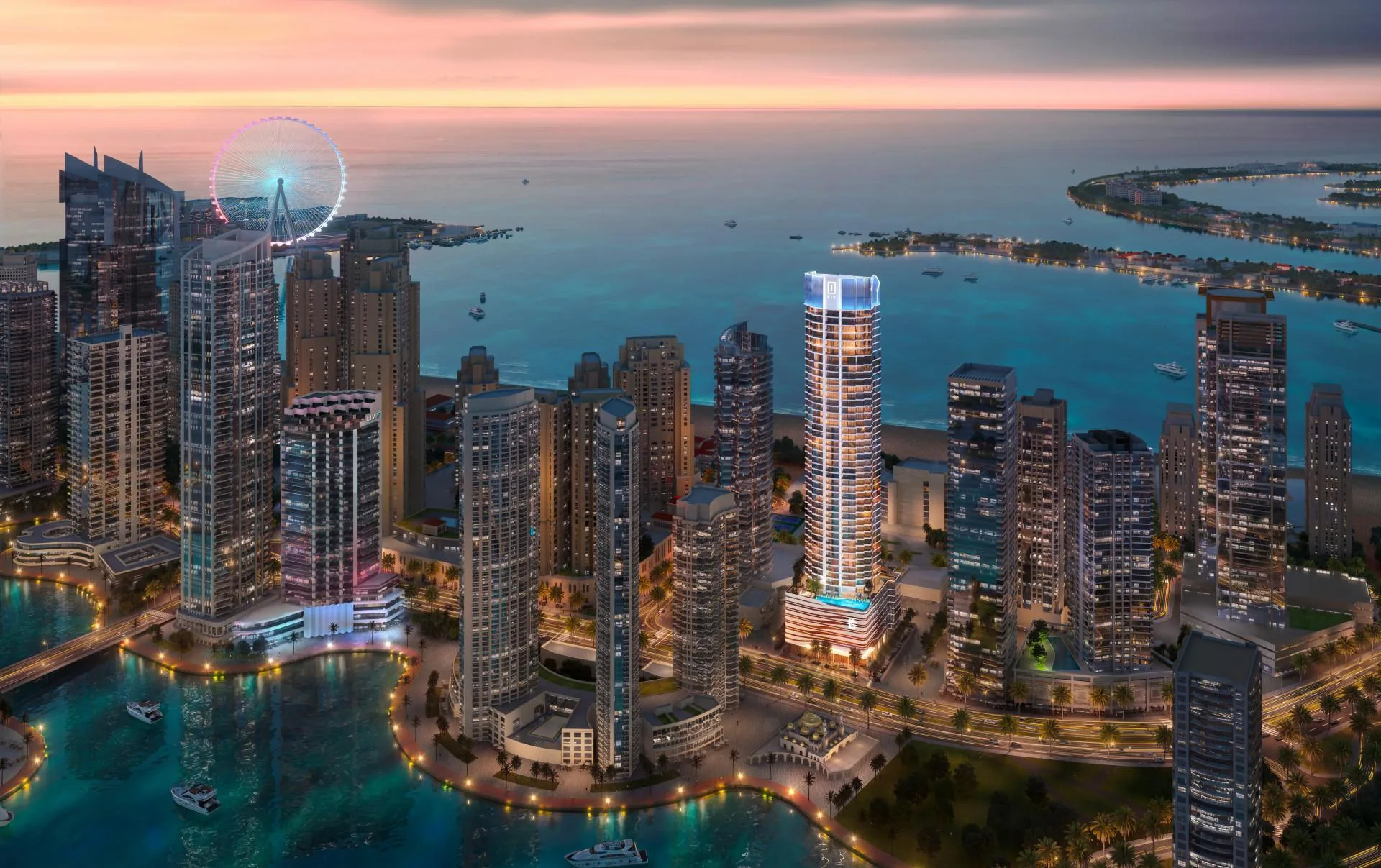Dubai Marina вечером, в центре светится башня LIV LUX