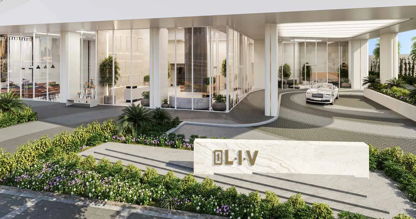 Крытый подъезд к LIV LUX с каменной стелой и садом