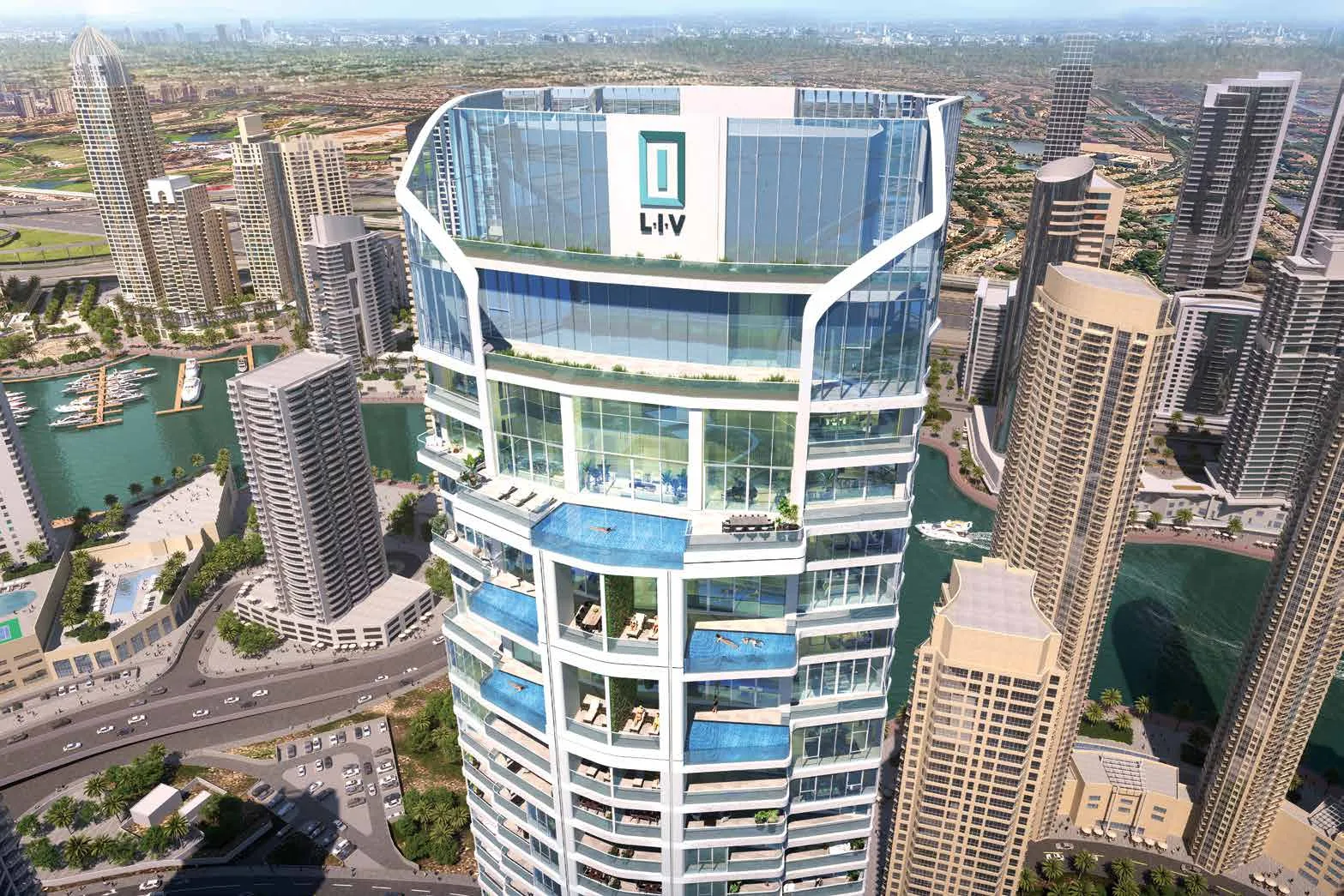 Верх башни LIV LUX над Dubai Marina