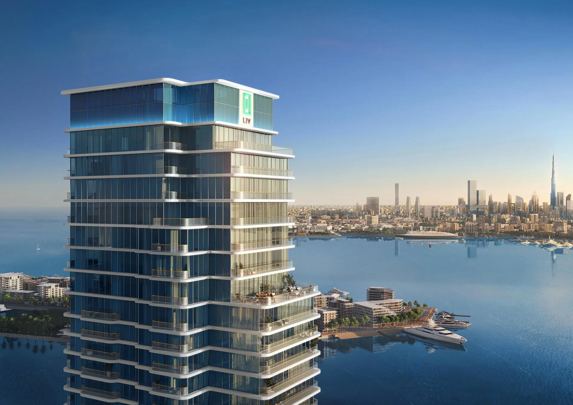 Верхние этажи LIV Maritime над яхтенной гаванью и видом на Downtown