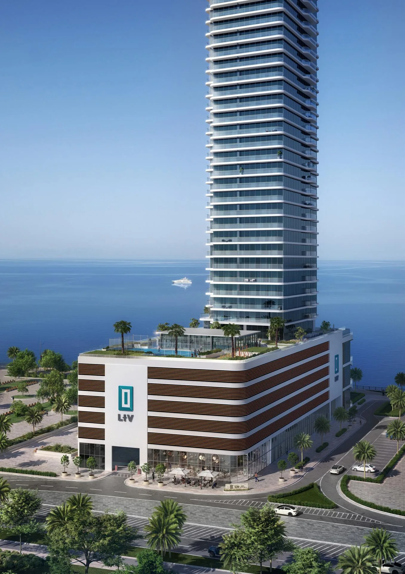 Подиум LIV Maritime с террасой и бассейном, за ним залив