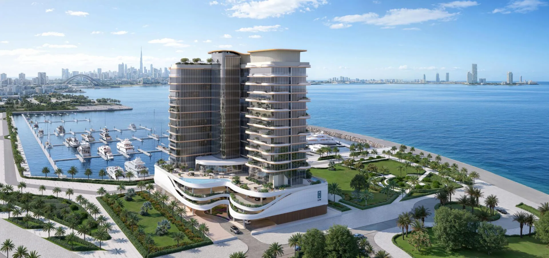 LIV Oceanside by the marina, with Dubai's skyline beyond the bay