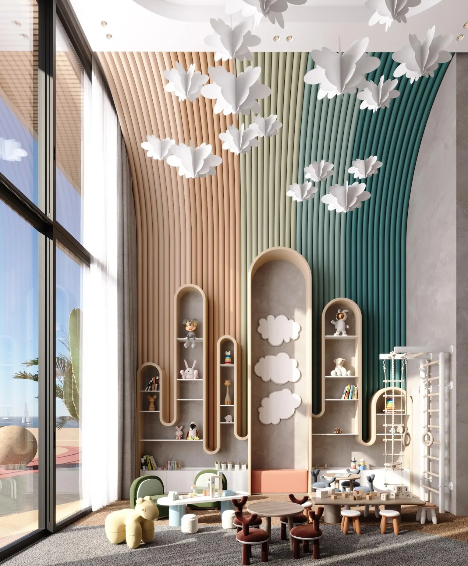 Children's playroom with arched shelving and paper clouds overhead