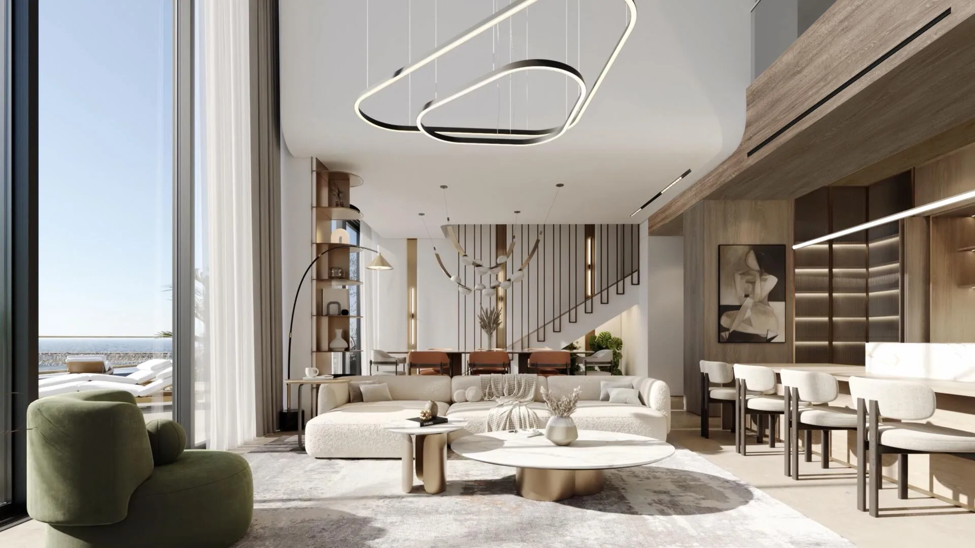 Double-height duplex living room with floor-to-ceiling windows