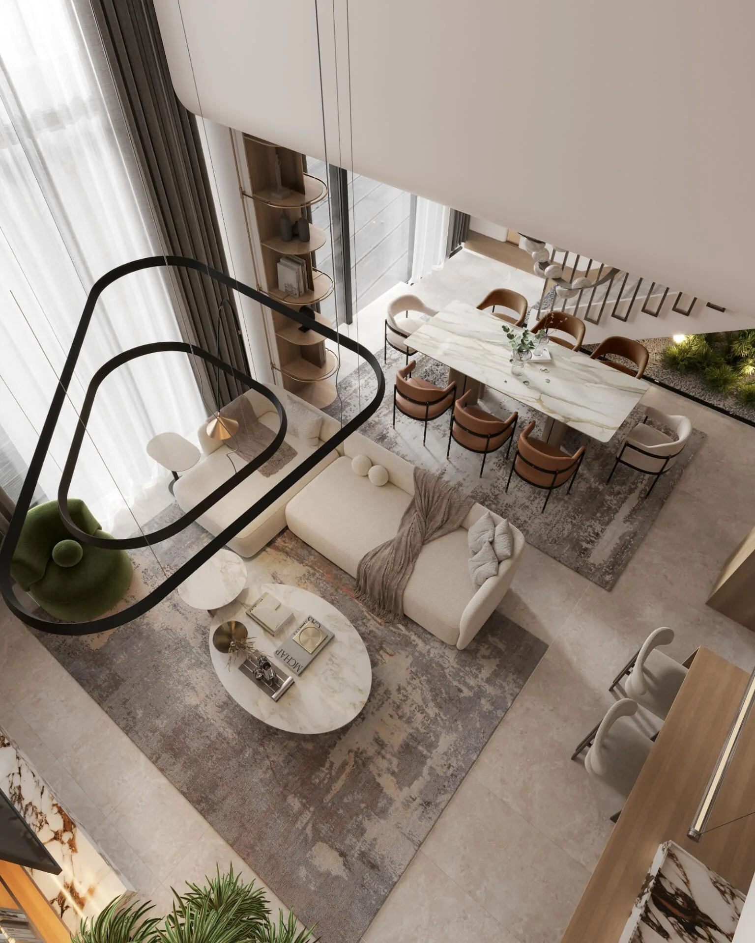 Duplex living room from the second level: sofa, dining table and staircase