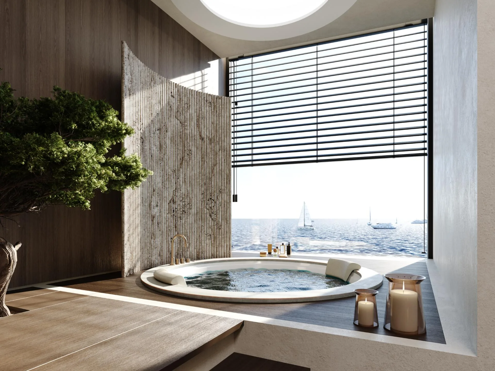 Jacuzzi by a large window overlooking the sea and sailboats