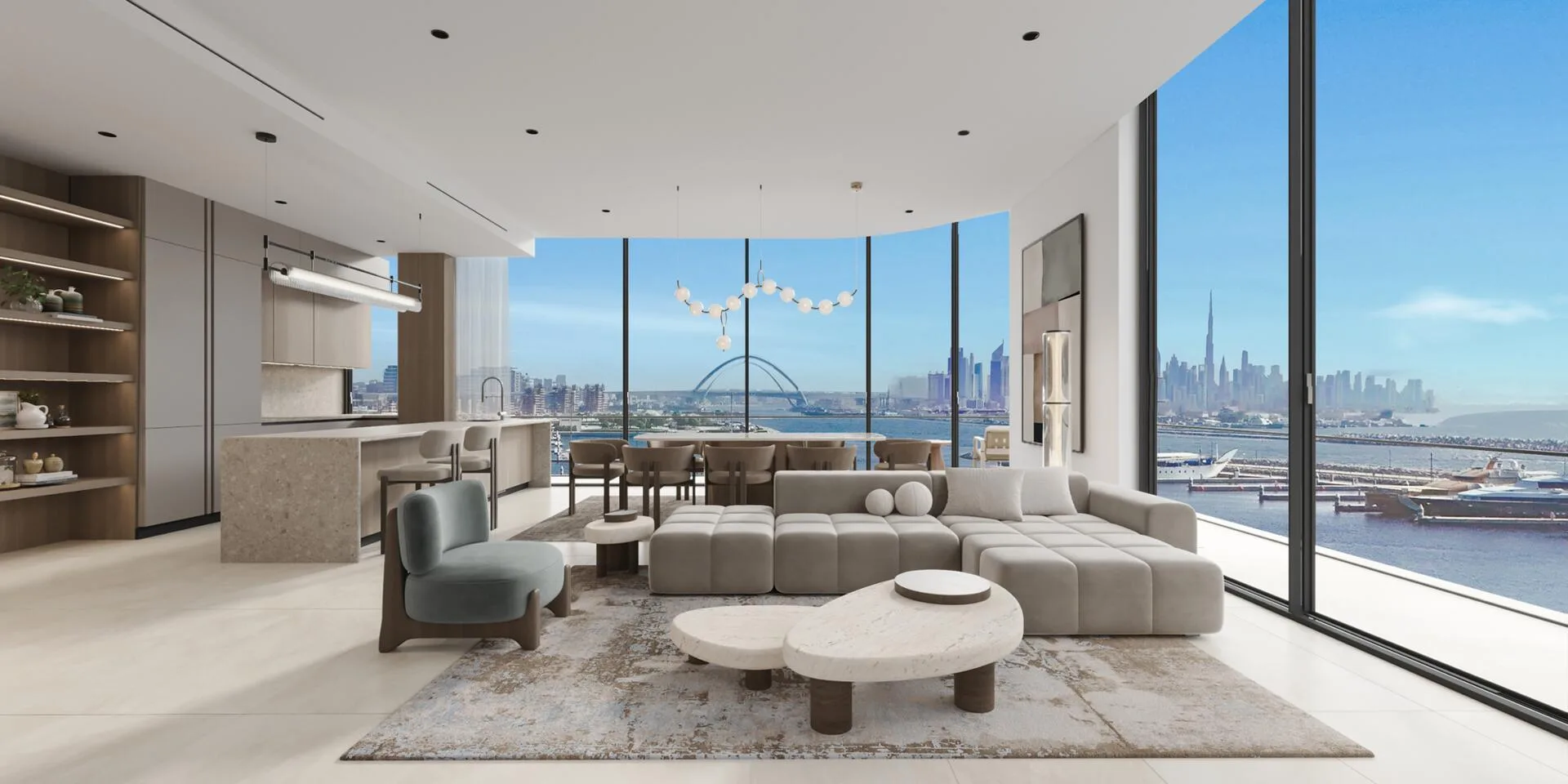 Living room with panoramic windows overlooking the marina and Dubai skyline