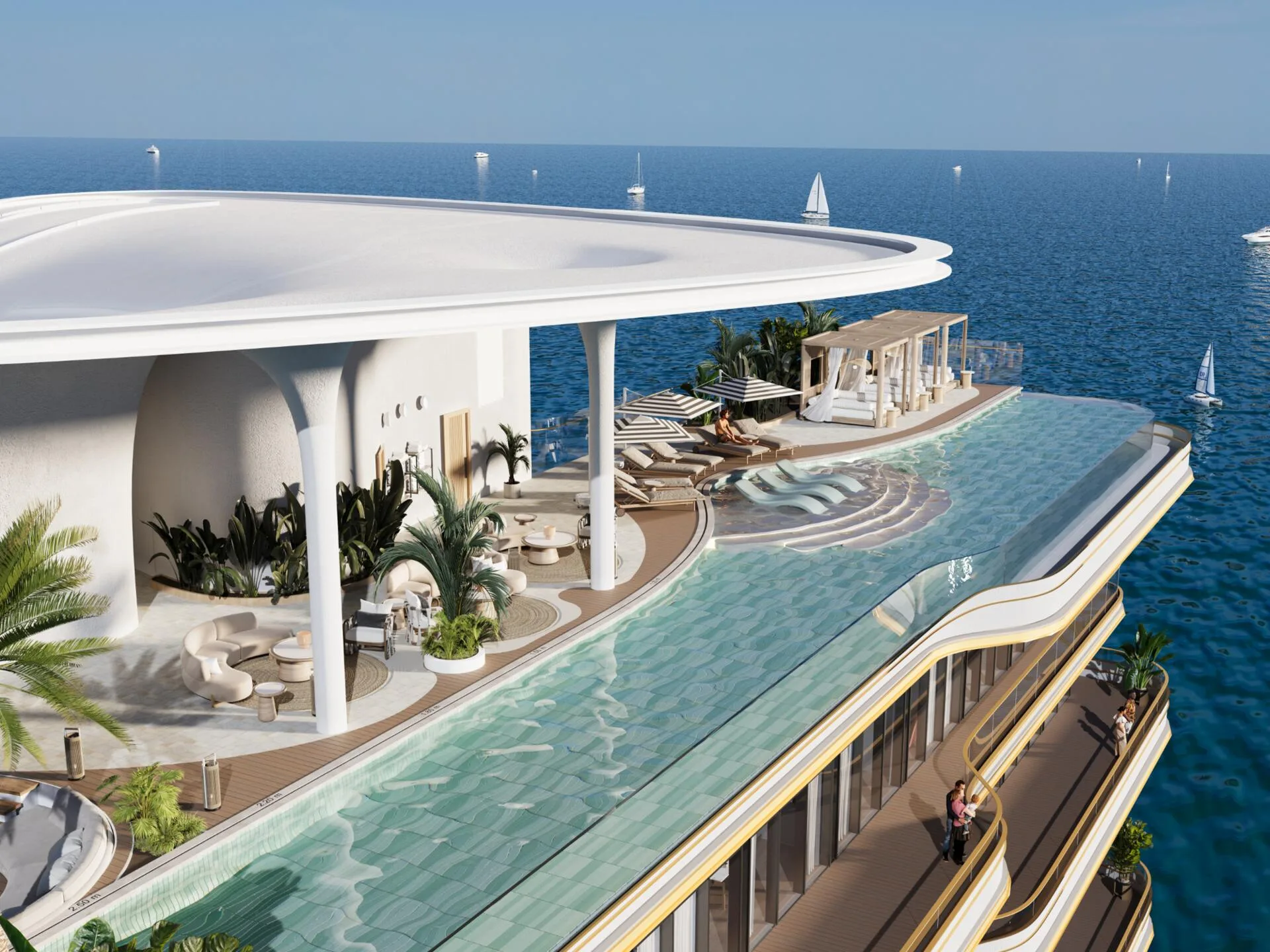 LIV Oceanside rooftop from above: a long edge pool, canopy and loungers above the sea
