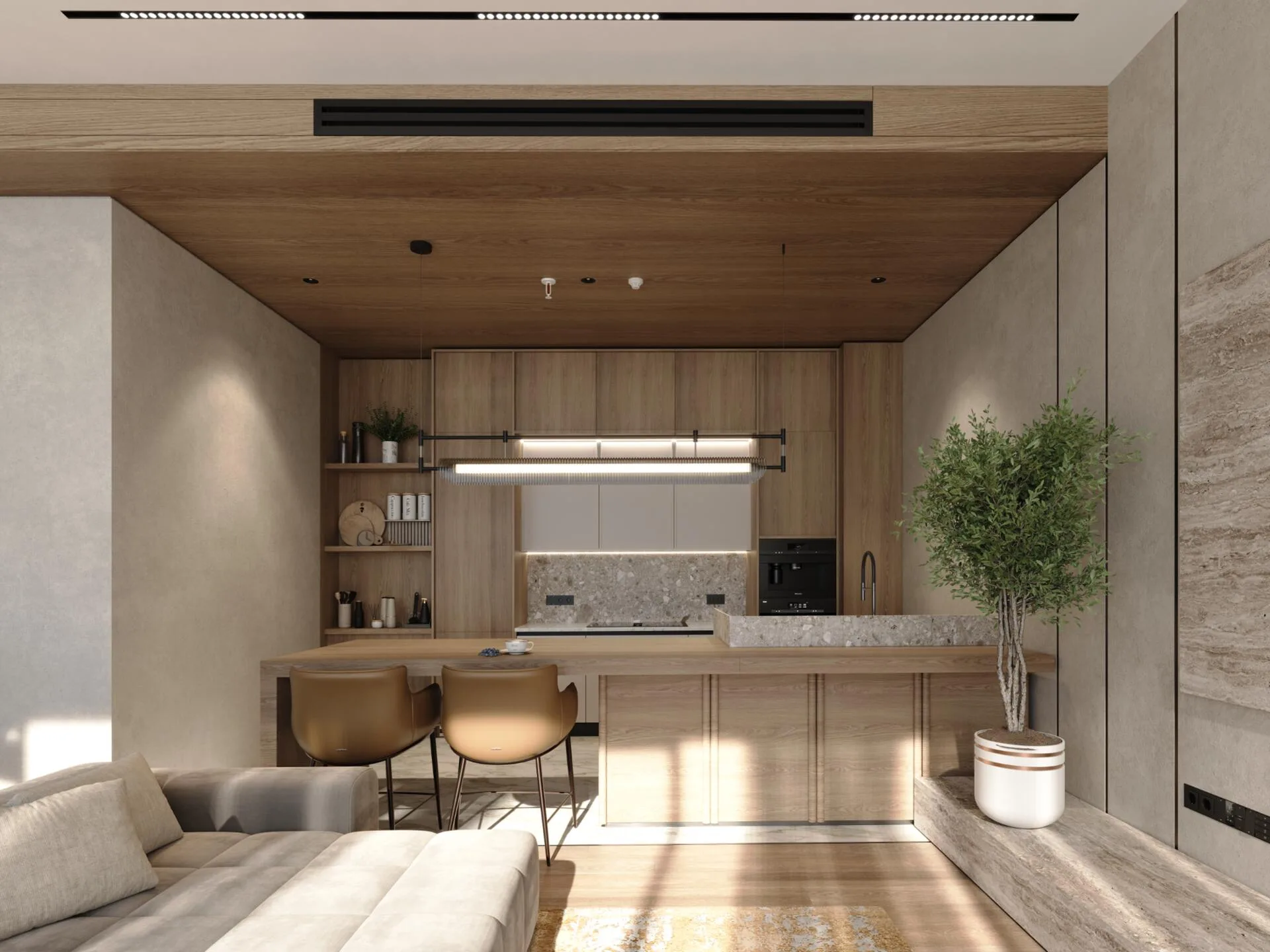 Kitchen with timber fronts and a stone island
